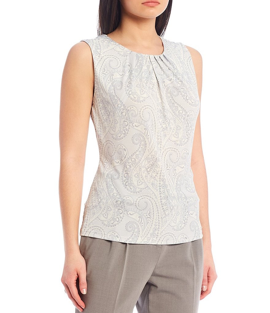 Calvin Klein Paisley Print Matte Jersey Pleat Neck Sleeveless Top