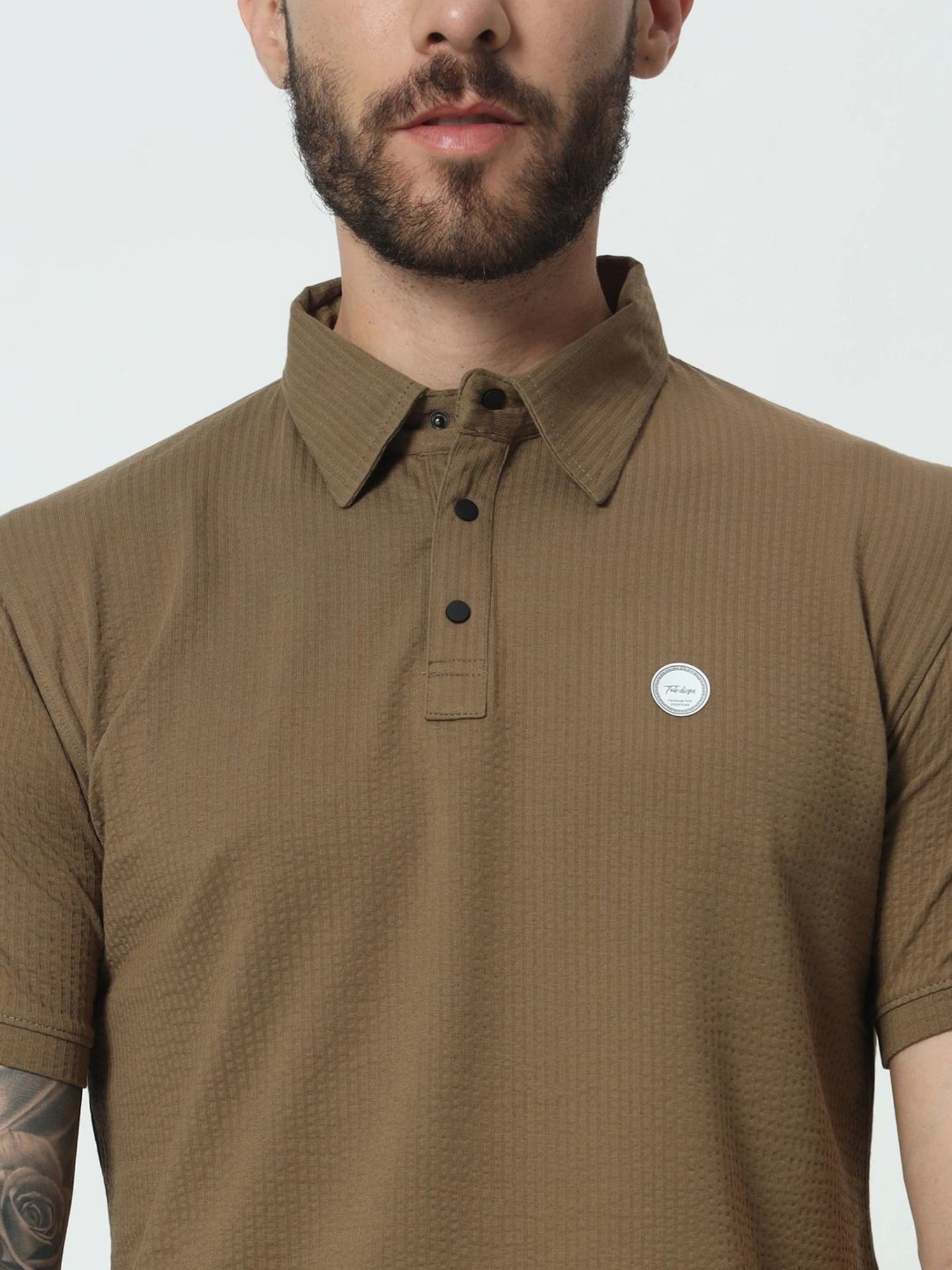 Tab91 Brown Regular Fit Self Pattern Polo T-Shirts