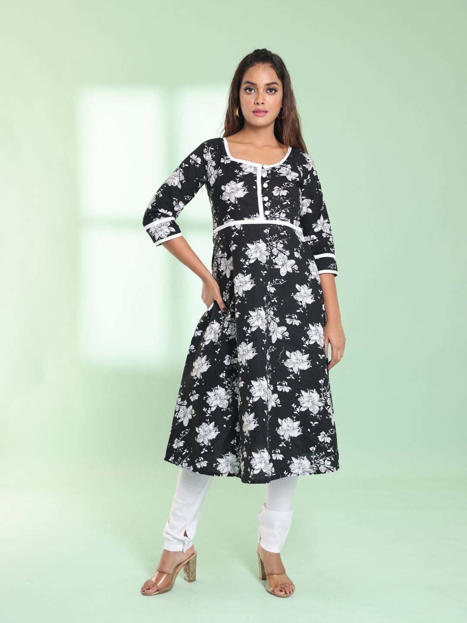 CHARUKRITI Black Cotton Printed A Line Kurta