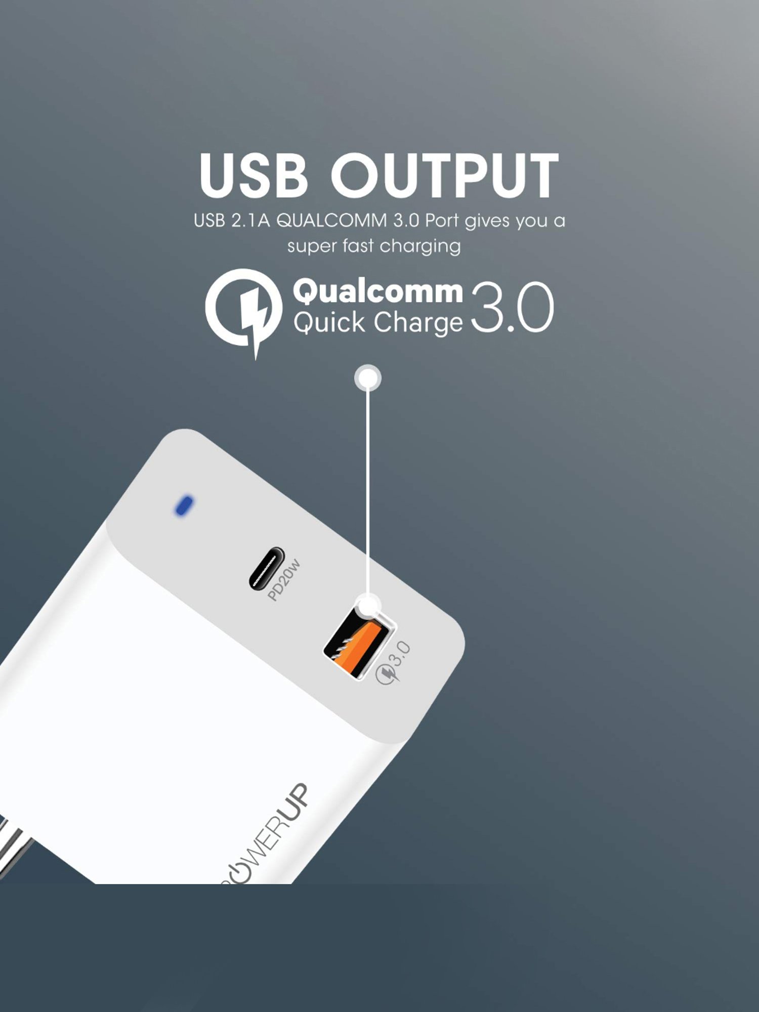 Powerup Stay Charge Turbo Max Charge Dual Port 20W Type-C+Usb (White)