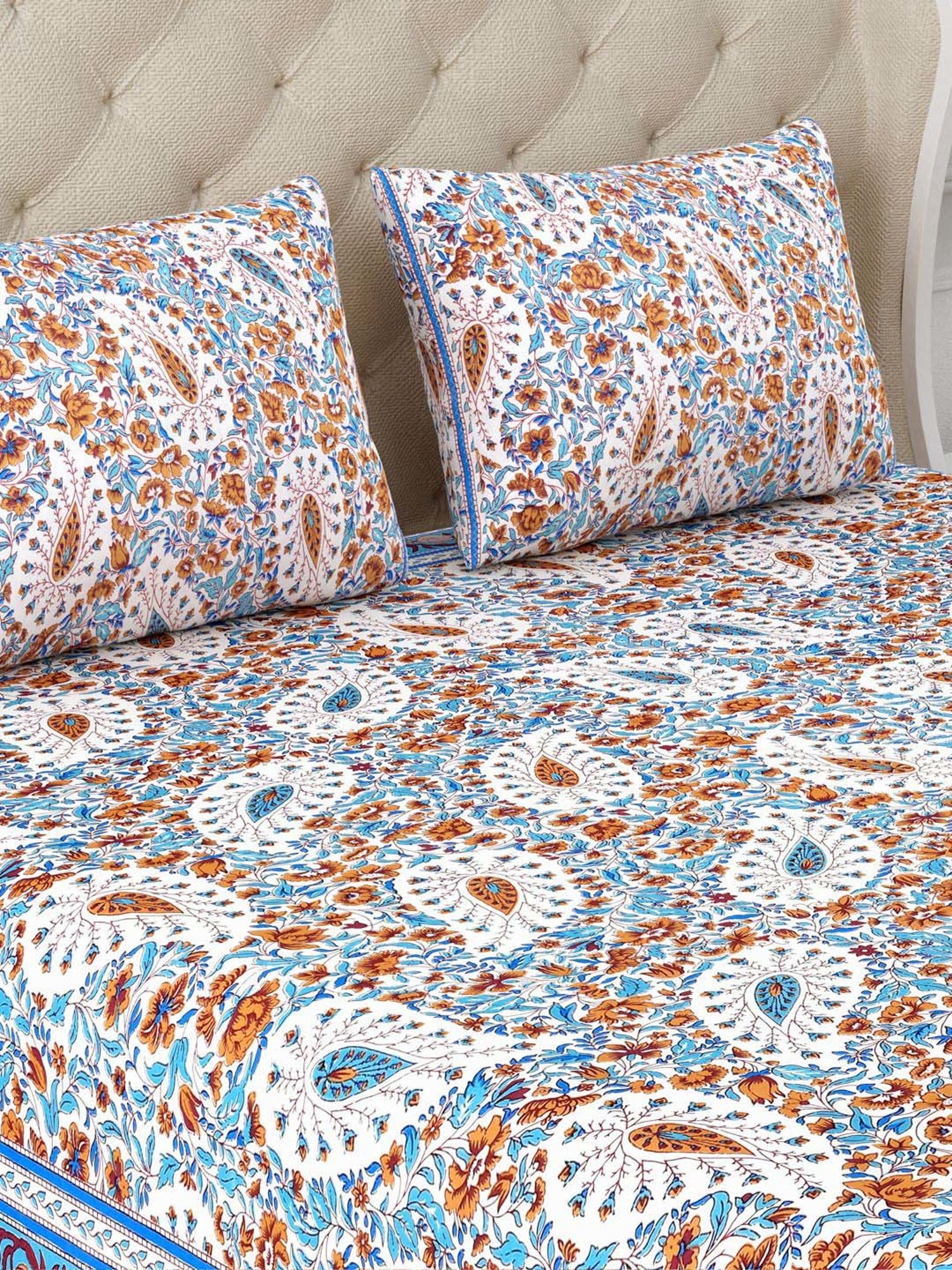 Aapno Rajasthan Bougainville Treasures Blue & Orange Cotton Double Bedsheet With 2 Pillow Cover