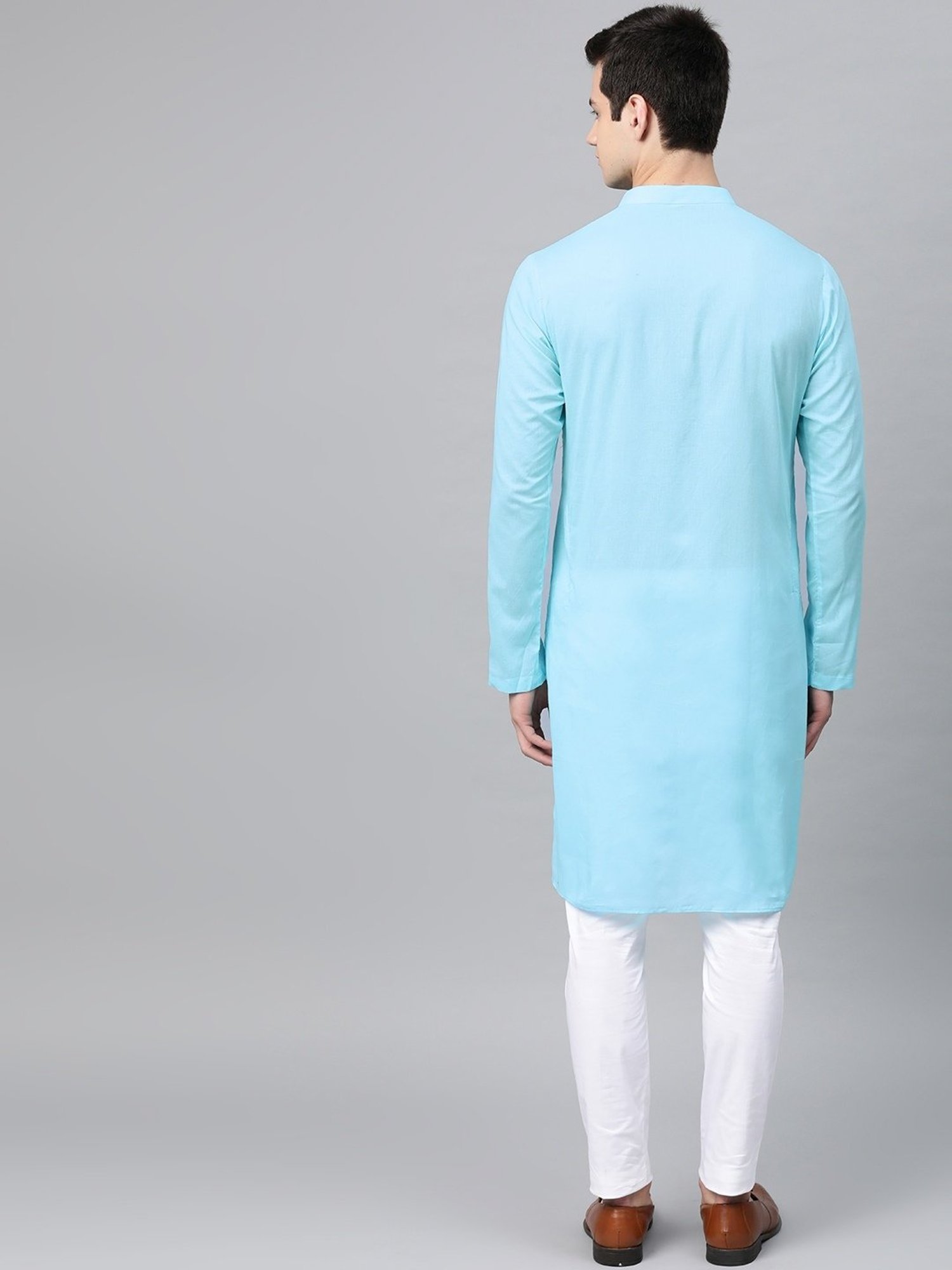 See Designs Turquoise Blue & White Cotton Regular Fit Embroidered Kurta Bottom Set
