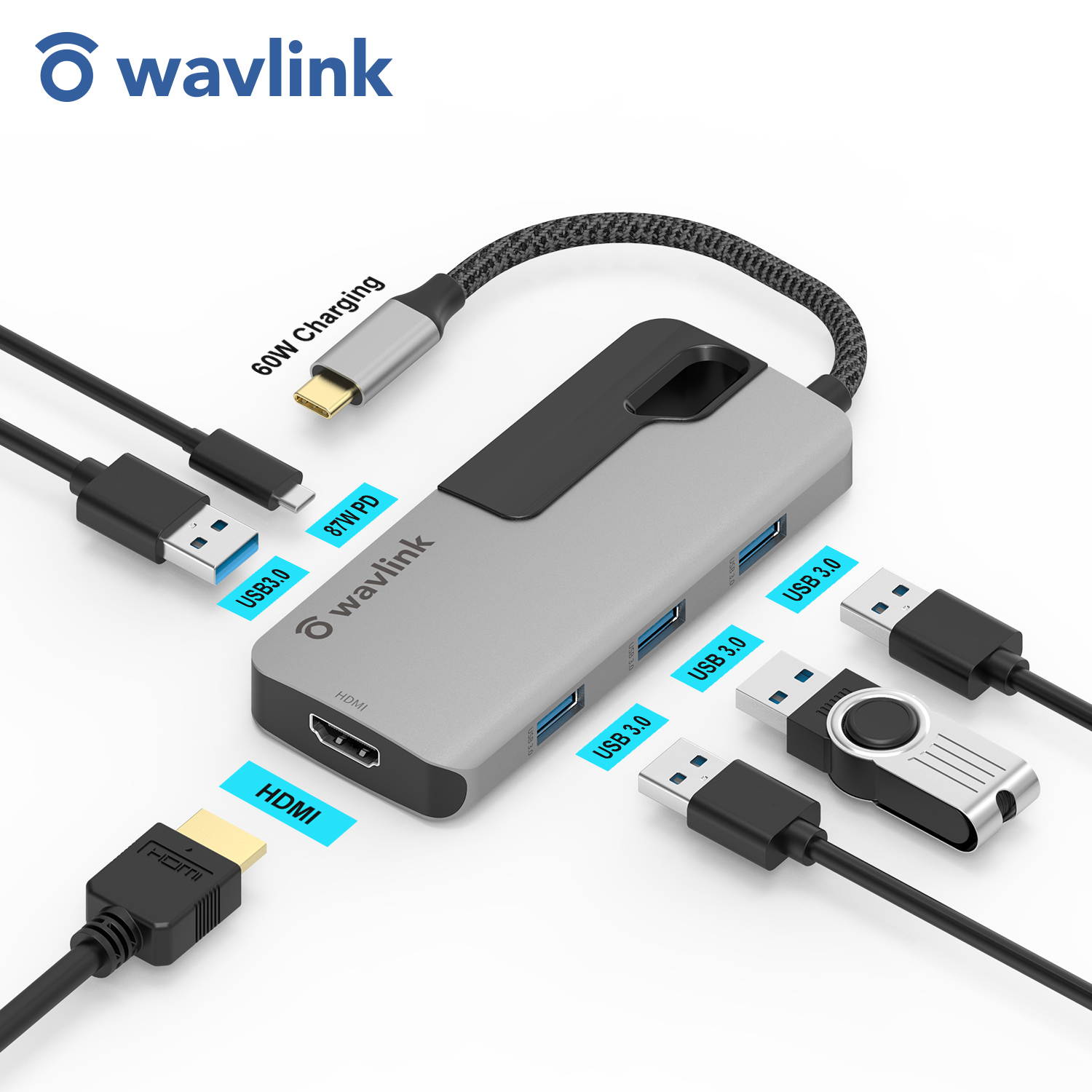 Wavlink USB C Hub, PD 7-in-1 Type C Adapter Mini Docking Station Aluminum with 4K 30Hz HDMI, 2K 60Hz VGA, 2 USB 3.0, SD/TF Card Reader, 87W Laptop Power Delivery for Windows Mac and More, Plug & Play