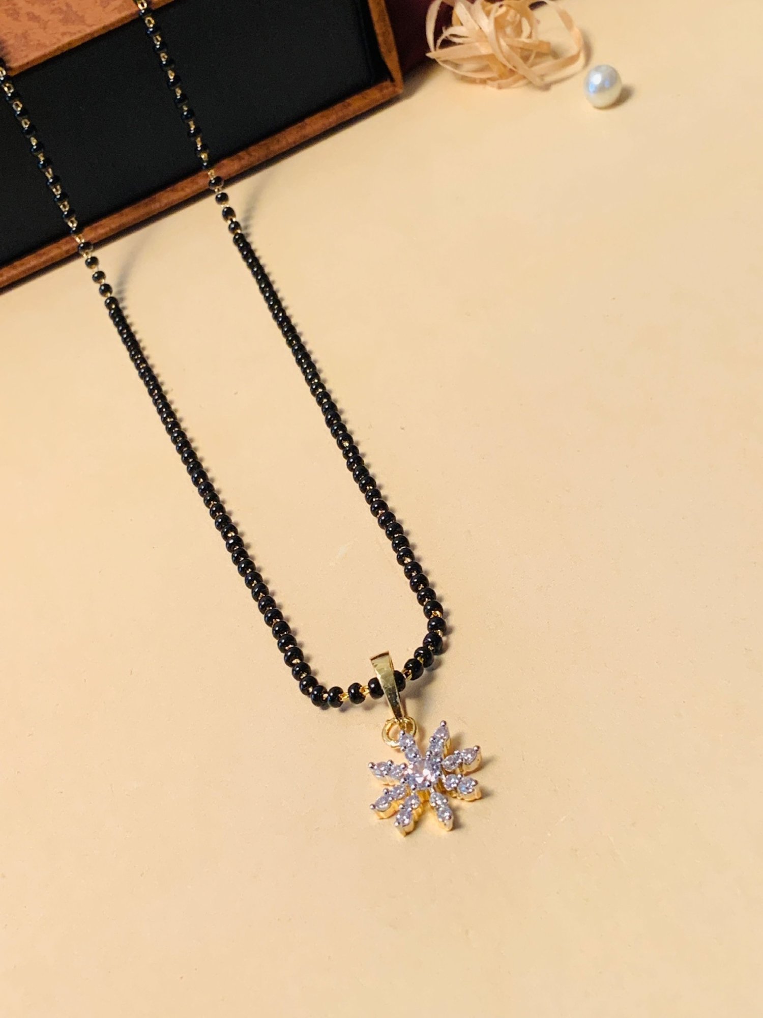 Abdesigns Gold-Plated American Diamond & Black Beaded Mangalsutra