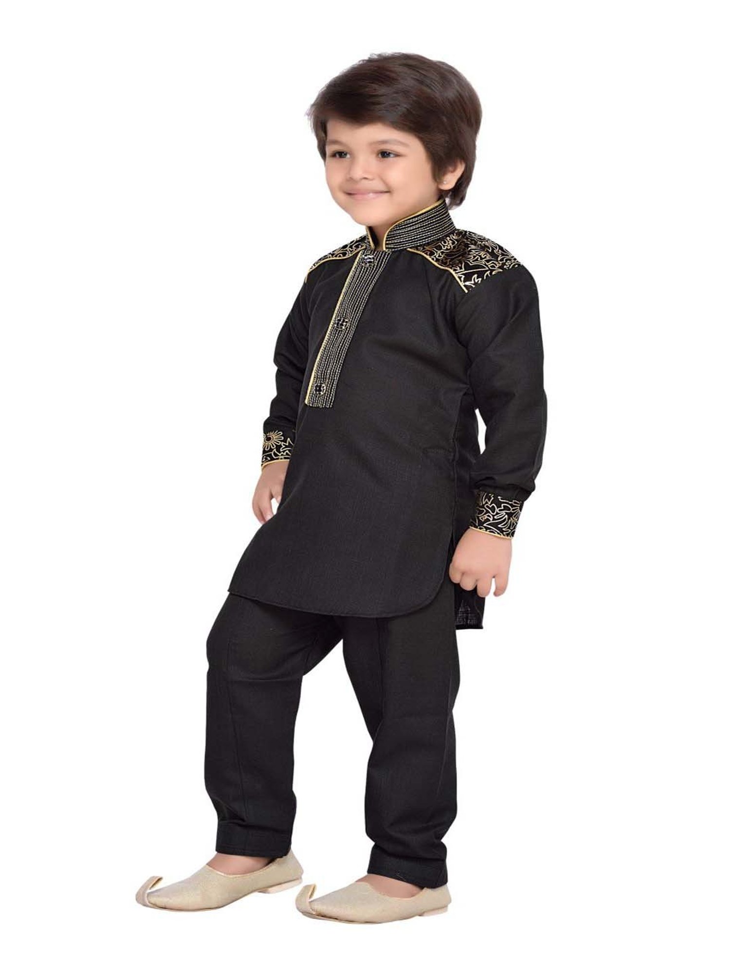 AJ Dezines Kids Black Cotton Embroidered Full Sleeves Kurta Set