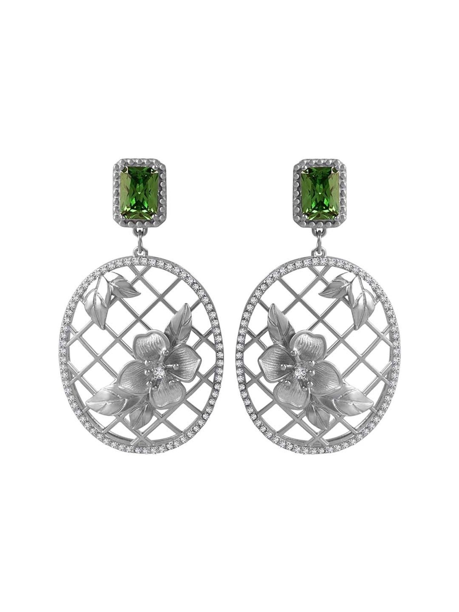 Rihi by P.C. Chandra Jewellers 92.5 Sterling Silver Green Stone Oval Drop Earrings for Women & Girls