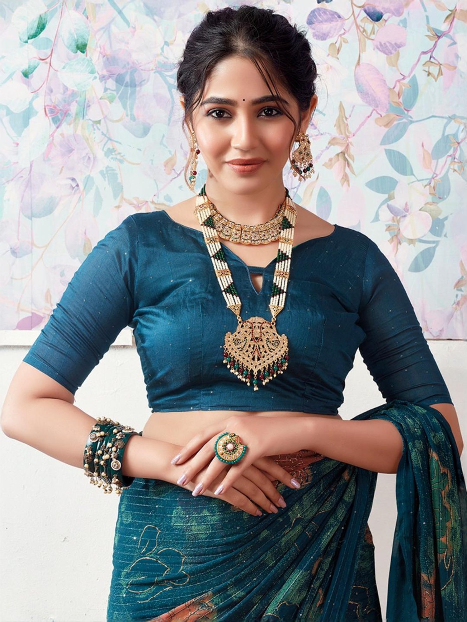 Satrani Blue Floral Print Saree With Unstitched Blouse