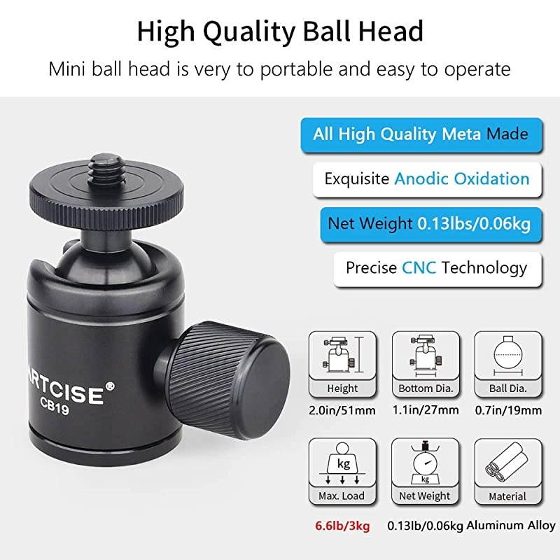 Ball Head ARTCISE CB19 Tripod Ball Head 2 Packs Portable CNC Machining Small Aluminum Ball Head 360 Degree Rotating Head for Phone amp Light Weight Camera Max Load 66lbs3kg