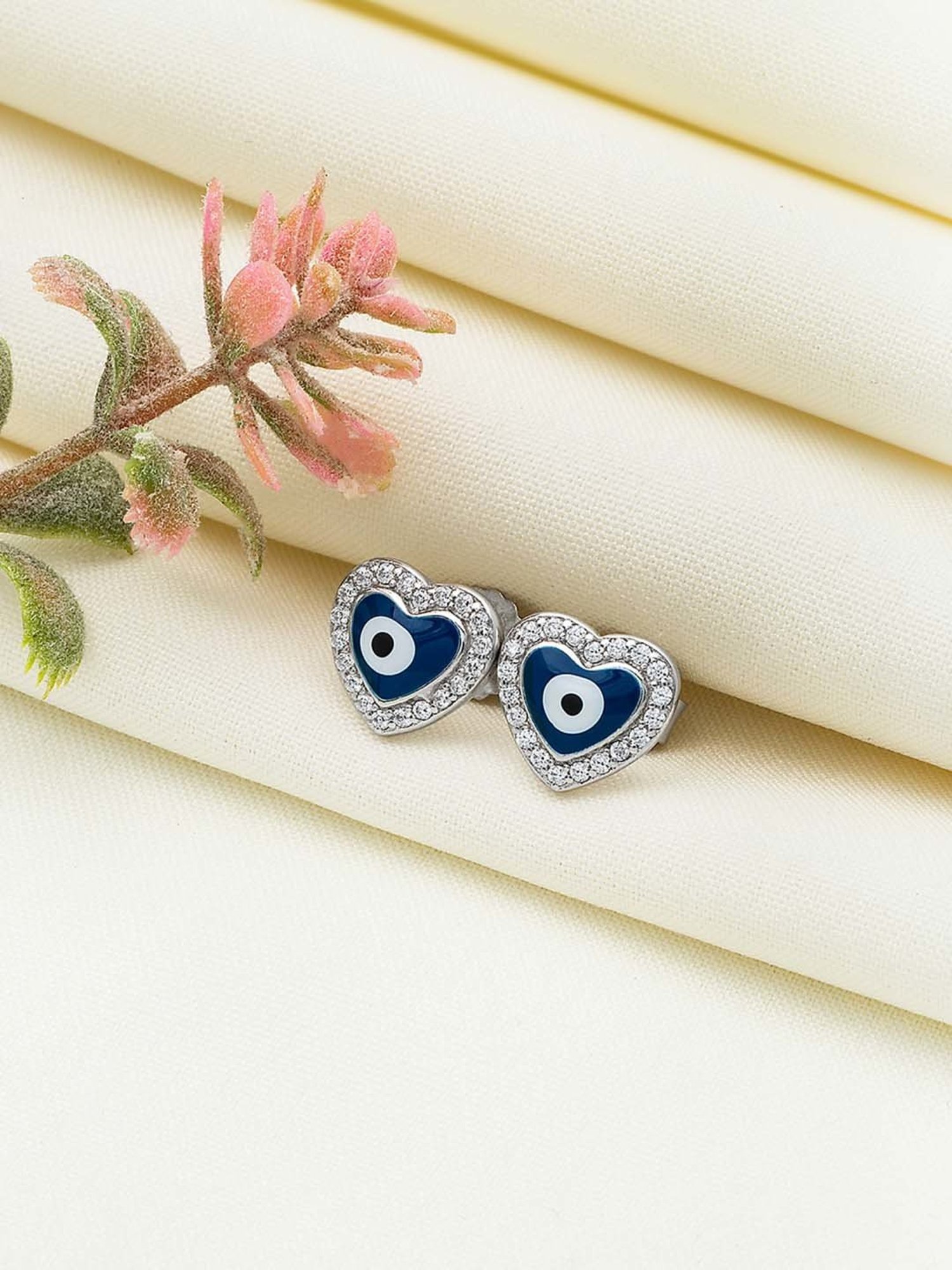 Silberry 925 Sterling Silver Blue Heart Evil Eye Stud Earrings for Women