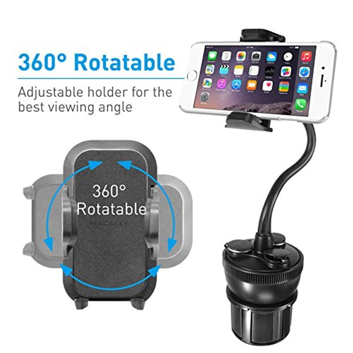 Macally Car Cup Holder Phone Mount with 2 USB Charging Ports & 2 Cigarette Lighter Sockets - Adjustable Cup Phone Holder for Car with 8&rdquo; Long Neck and 360&deg; Rotatable Base - Fits Phones Up to 4.1&rdquo; Wide