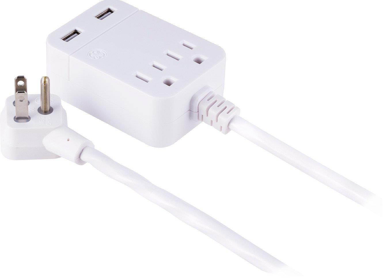 GE Pro USB Charging 12 Ft Extension Cord, Charging Station, Surge Protector Power Strip, Flat Plug, 3 prong, 2 Outlets, 2 USB Ports, 2.4 Amp, 12 Watt, 250 Joules, Wall Mount, UL Listed, White, 32089