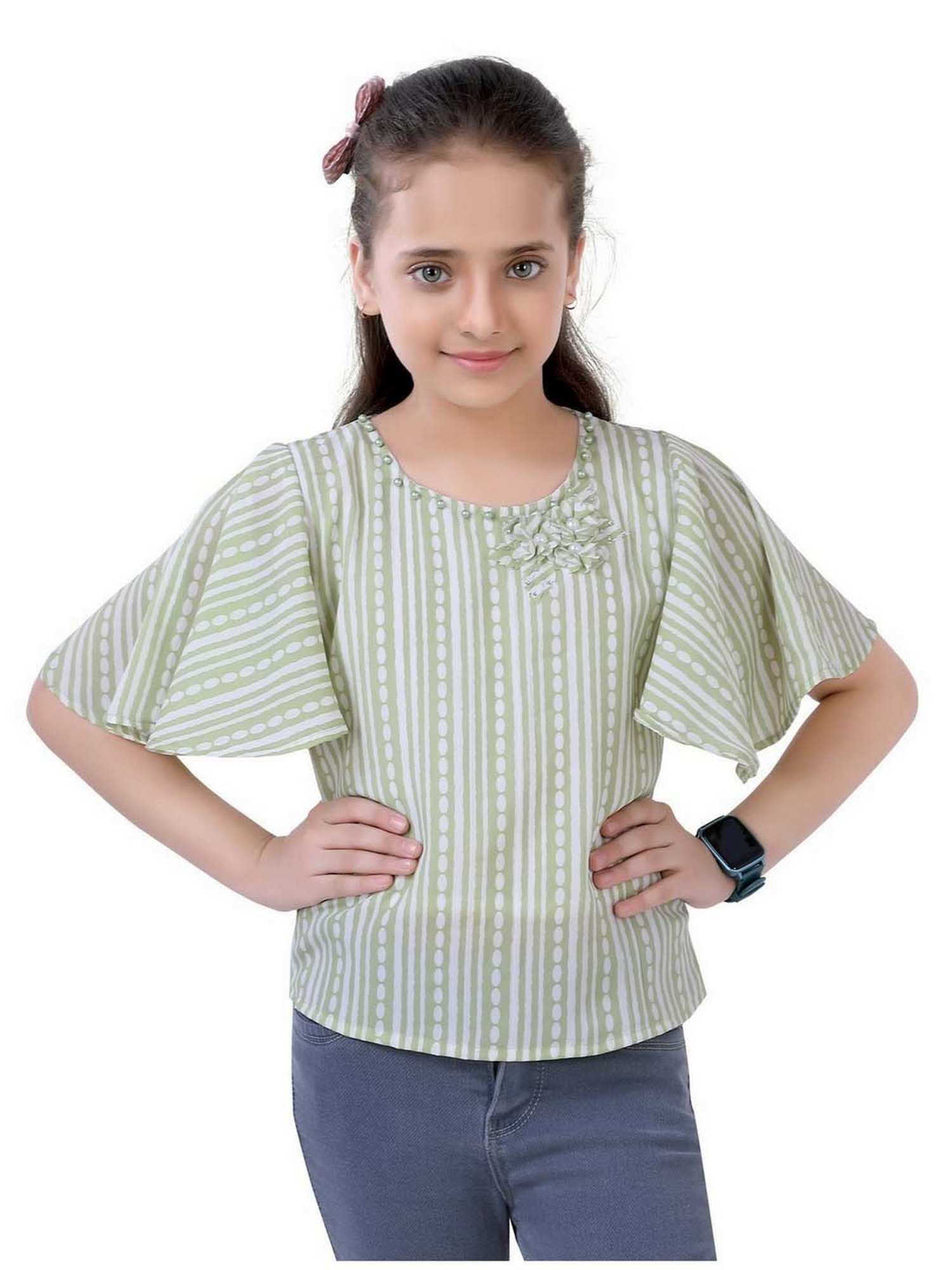 poplins Kids Green & Off-White Cotton Printed Top