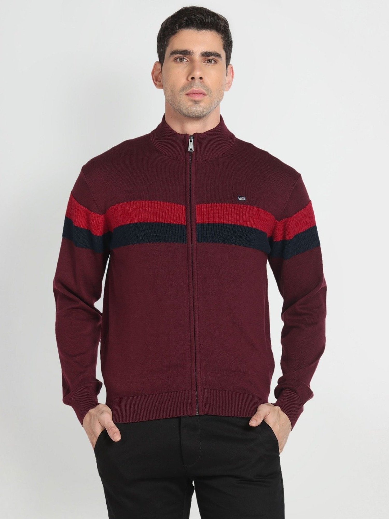 Arrow Sport Dark Red Cotton Regular Fit Striped Sweater