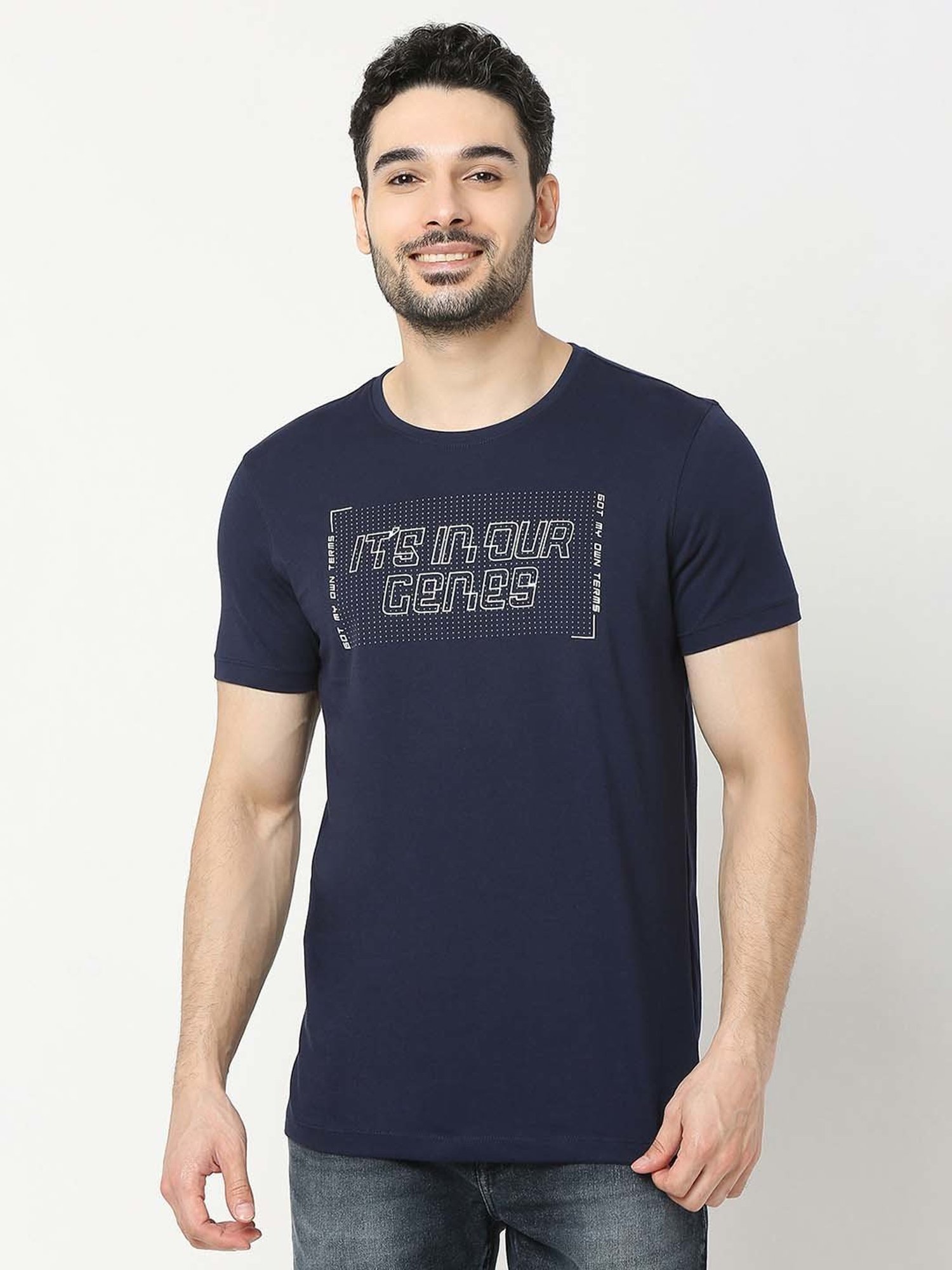 UnderJeans by Spykar Navy Regular Fit Self Design Cotton Crew T-Shirt