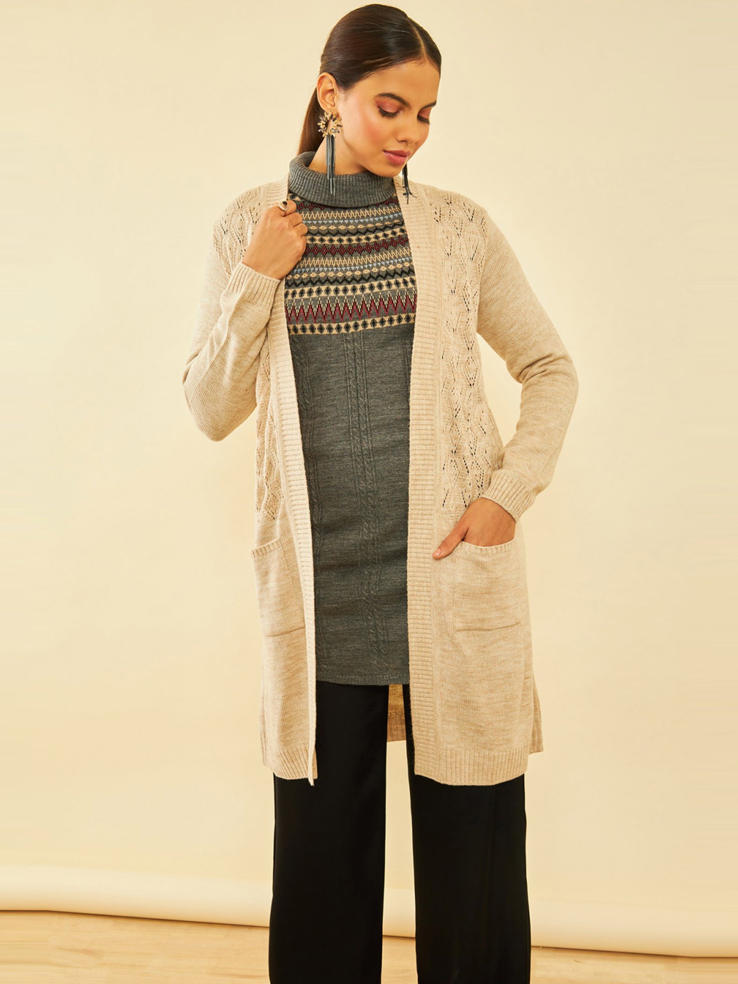 Soch Beige Acrylic Chevron Pattern Knitted Open-Front Longline Shrug