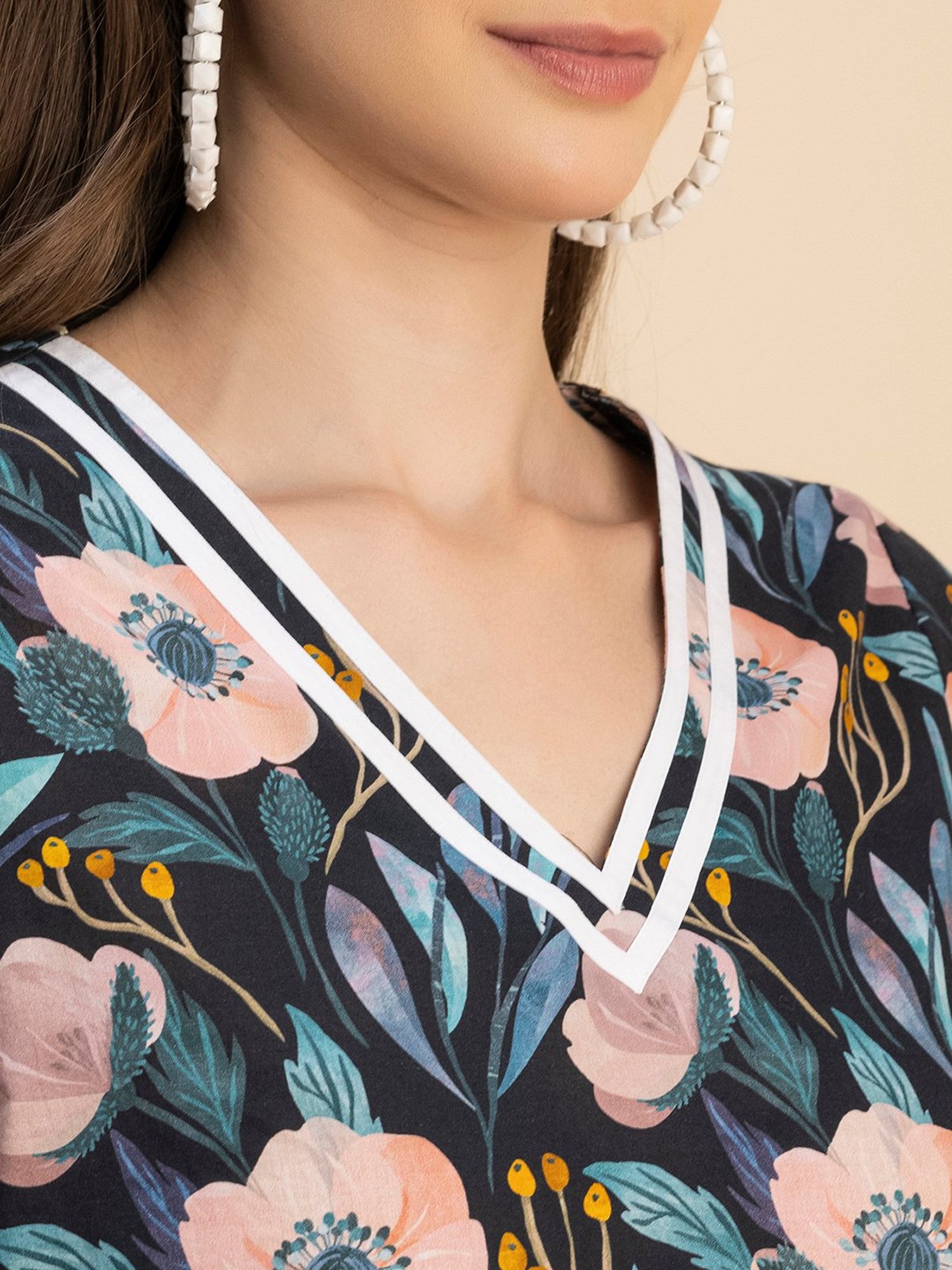 Moomaya Black Cotton Floral Print Top