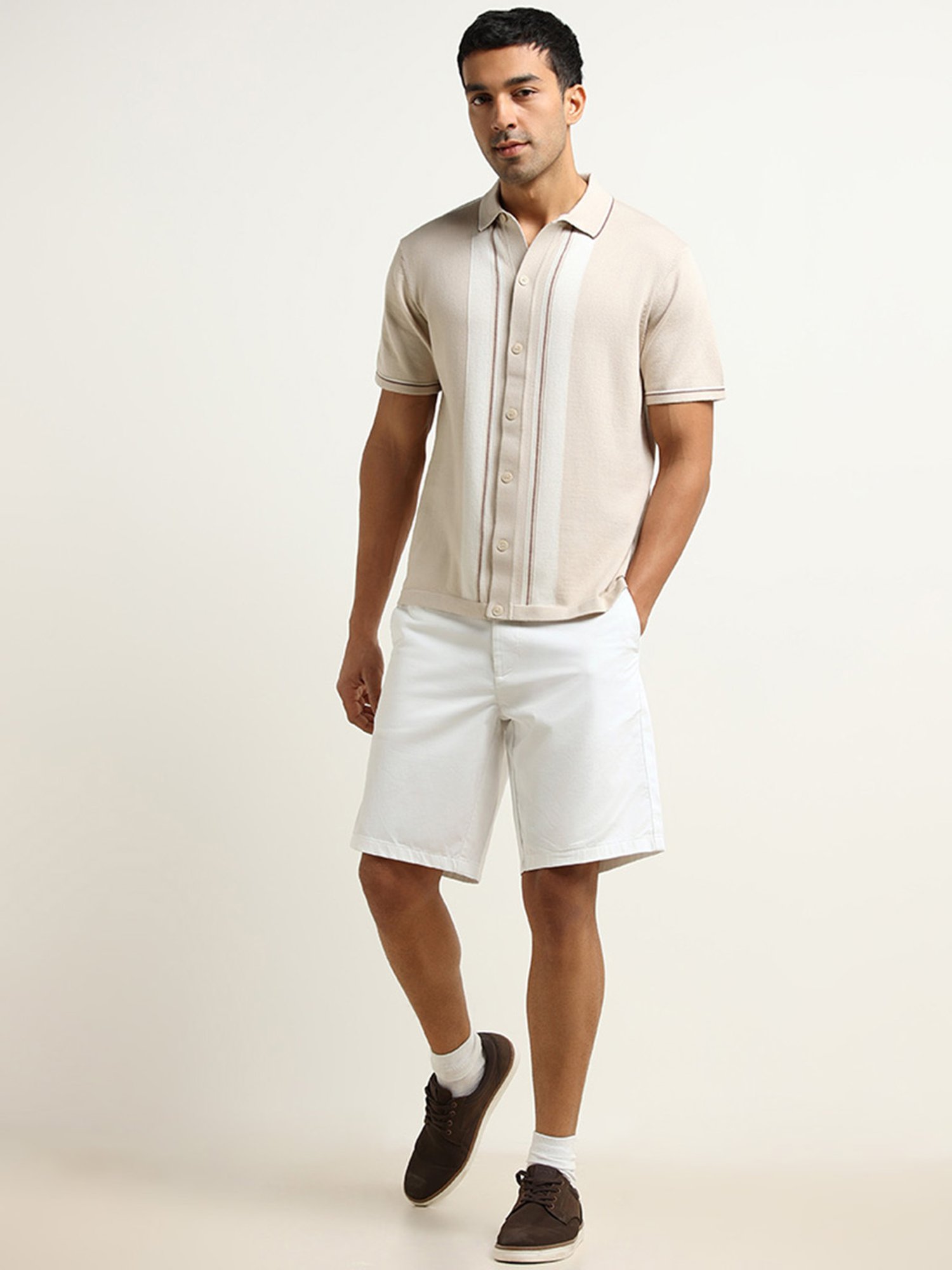 Ascot by Westside Beige Striped Knit Relaxed Fit Shirt