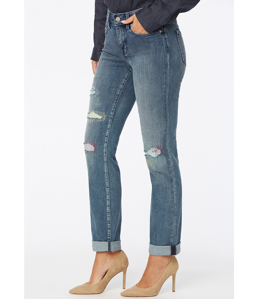 NYDJ Marilyn Destruction Detail Straight Leg Roll-Cuff Jeans