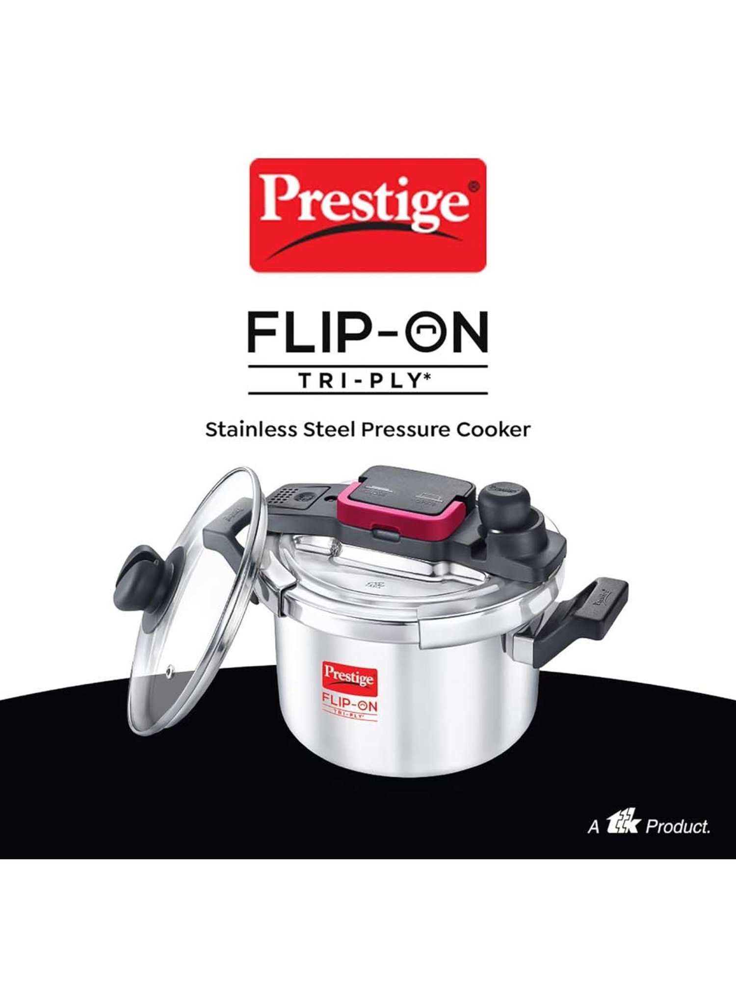 Prestige Silver And Black Stainless Steel 18 cm Flip-On Pressure Cooker With Glass Lid (3 L)