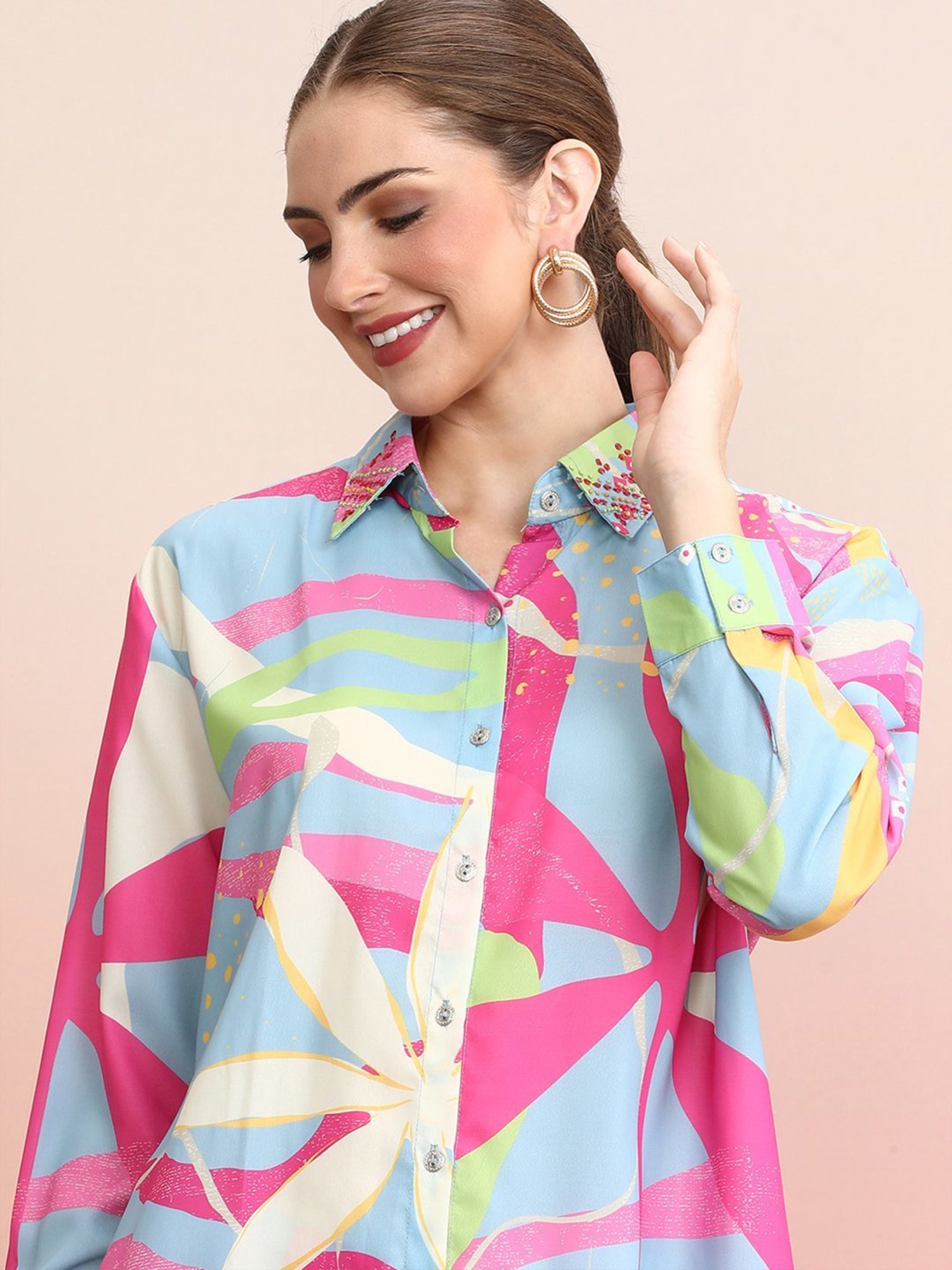 Indo Era Blue Printed Shirt Pant Set