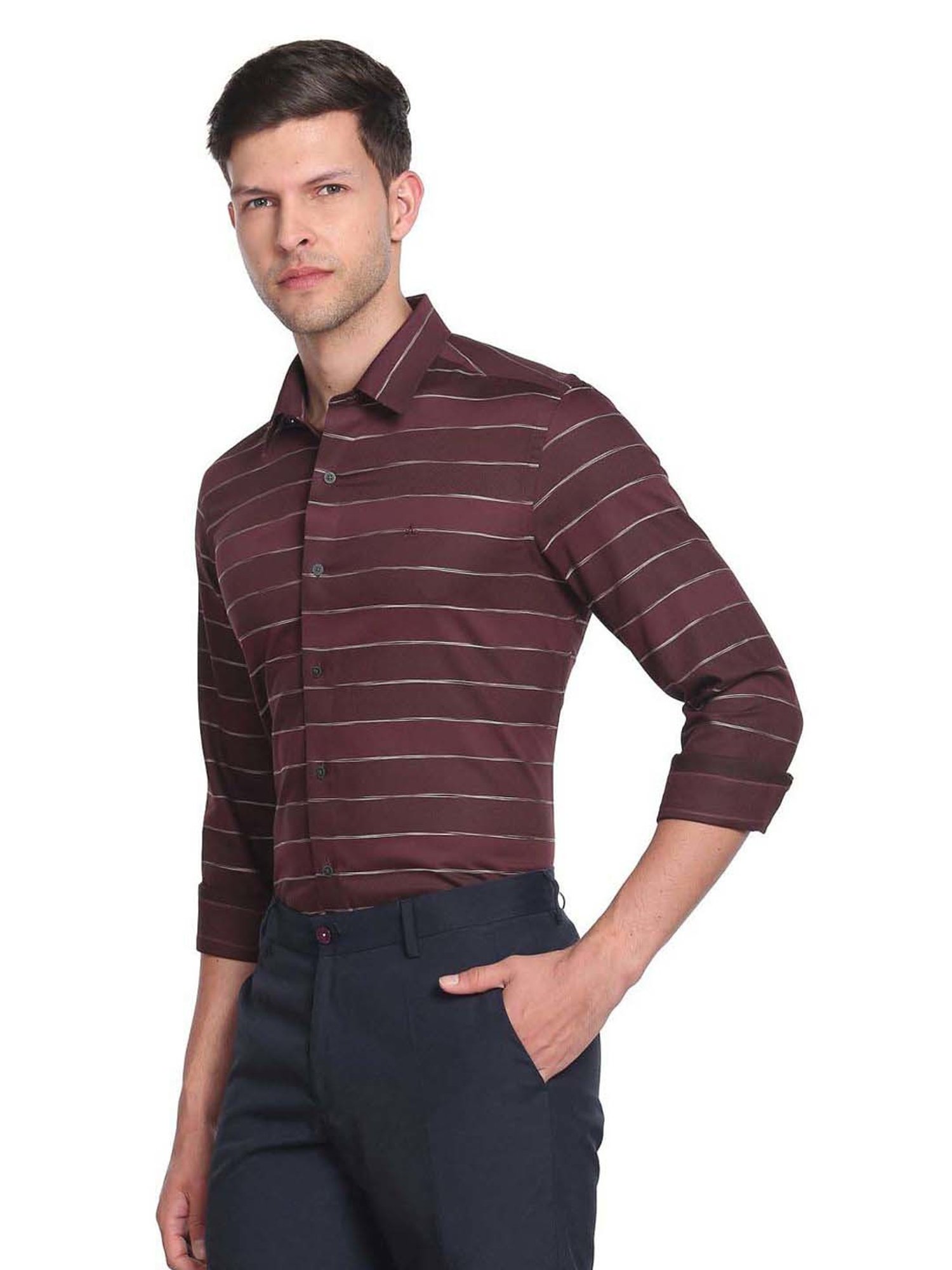 Arrow New York Dark Purple Cotton Slim Fit Striped Shirt