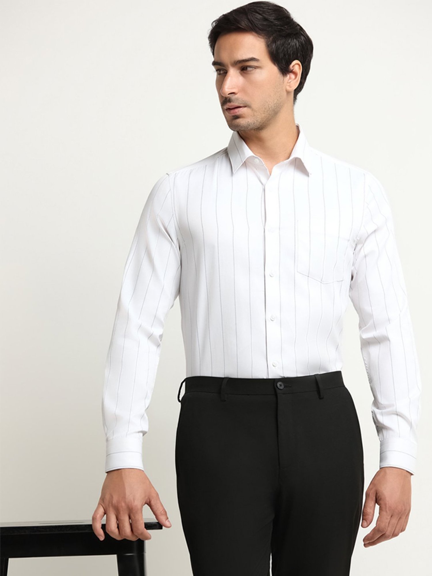 WES Formals by Westside White Striped Slim Fit Shirt