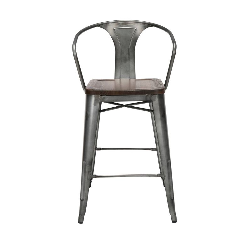 Set of 4 26" Industrial Modern Mid Back Galvanized Steel Counter Height Barstool with Arms and Solid Ash Wood Seats Gunmetal/Walnut - OFM