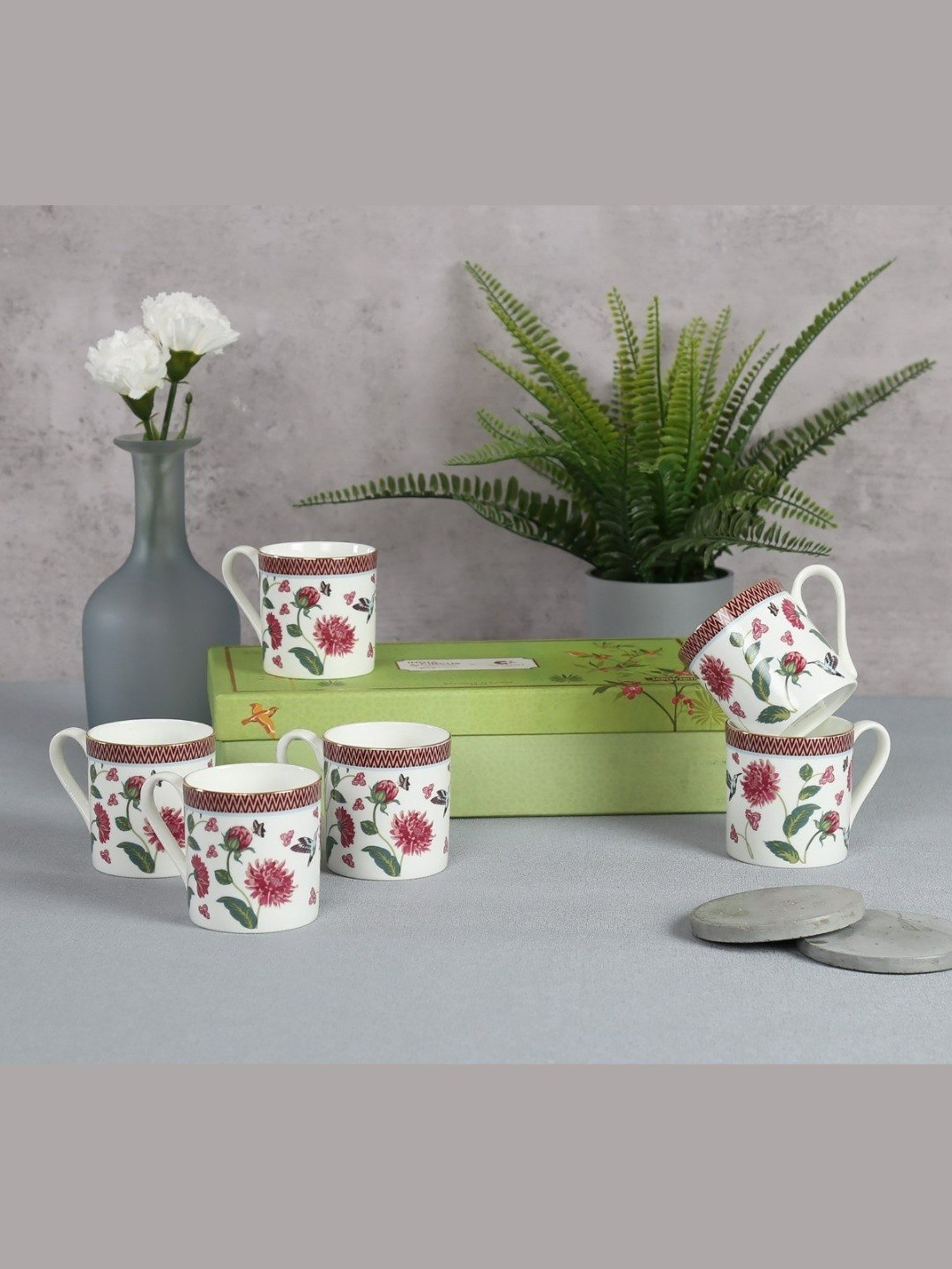 India Circus Floral Pink Bone China Coffee Mug - Set of 6 (220 ml)