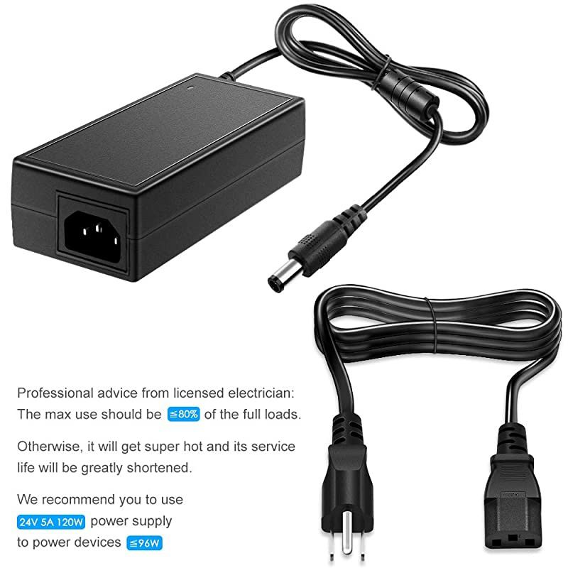 24V DC Power Supply 24 Volt 5A 120W Power Adapter 100V~240V AC to DC Converter Transformer 55x25mm Plug for 5050 3528 LED Strip Light 3D Printer LED Driver CCTV Security System LCD Monitor