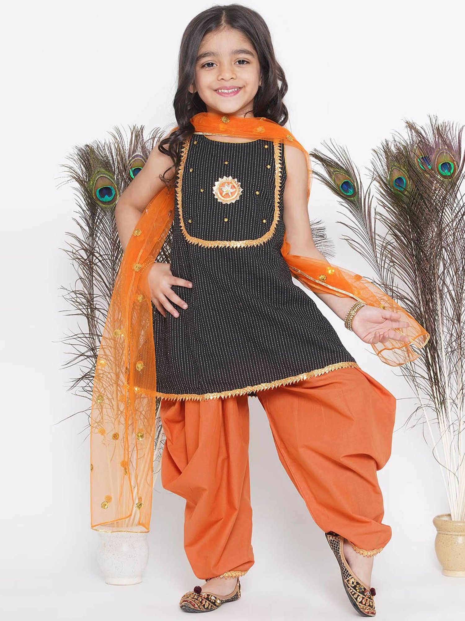 Little Bansi Kids Black & Orange Embellished Kurta, Salwar with Dupatta