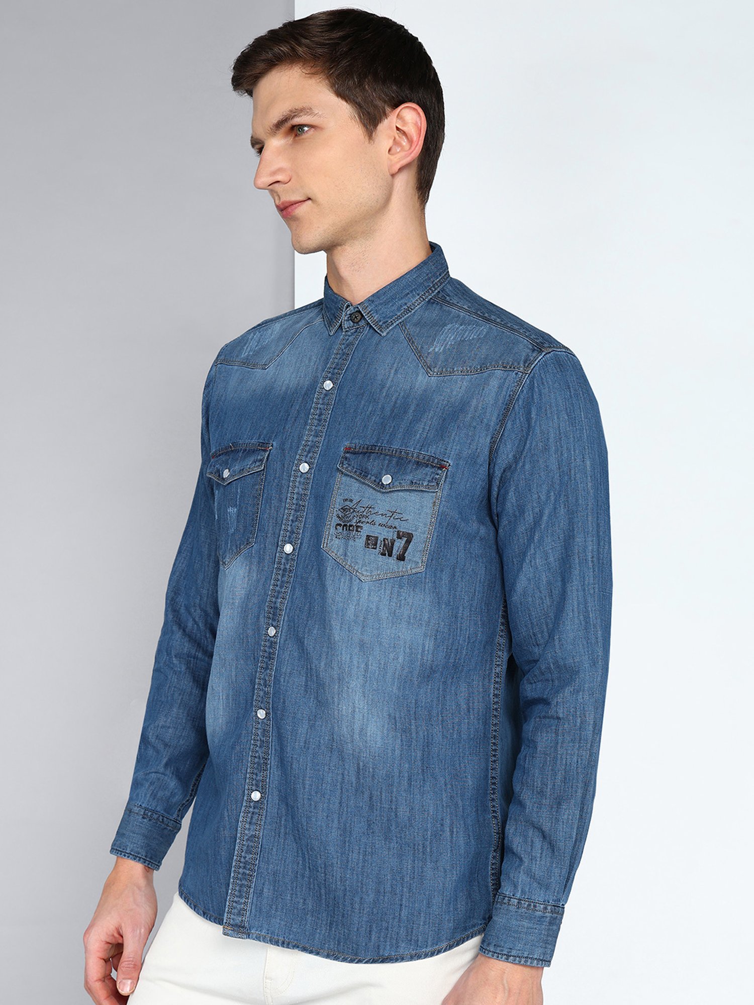 Kuons Avenue Blue Slim Fit Distressed Denim Shirt
