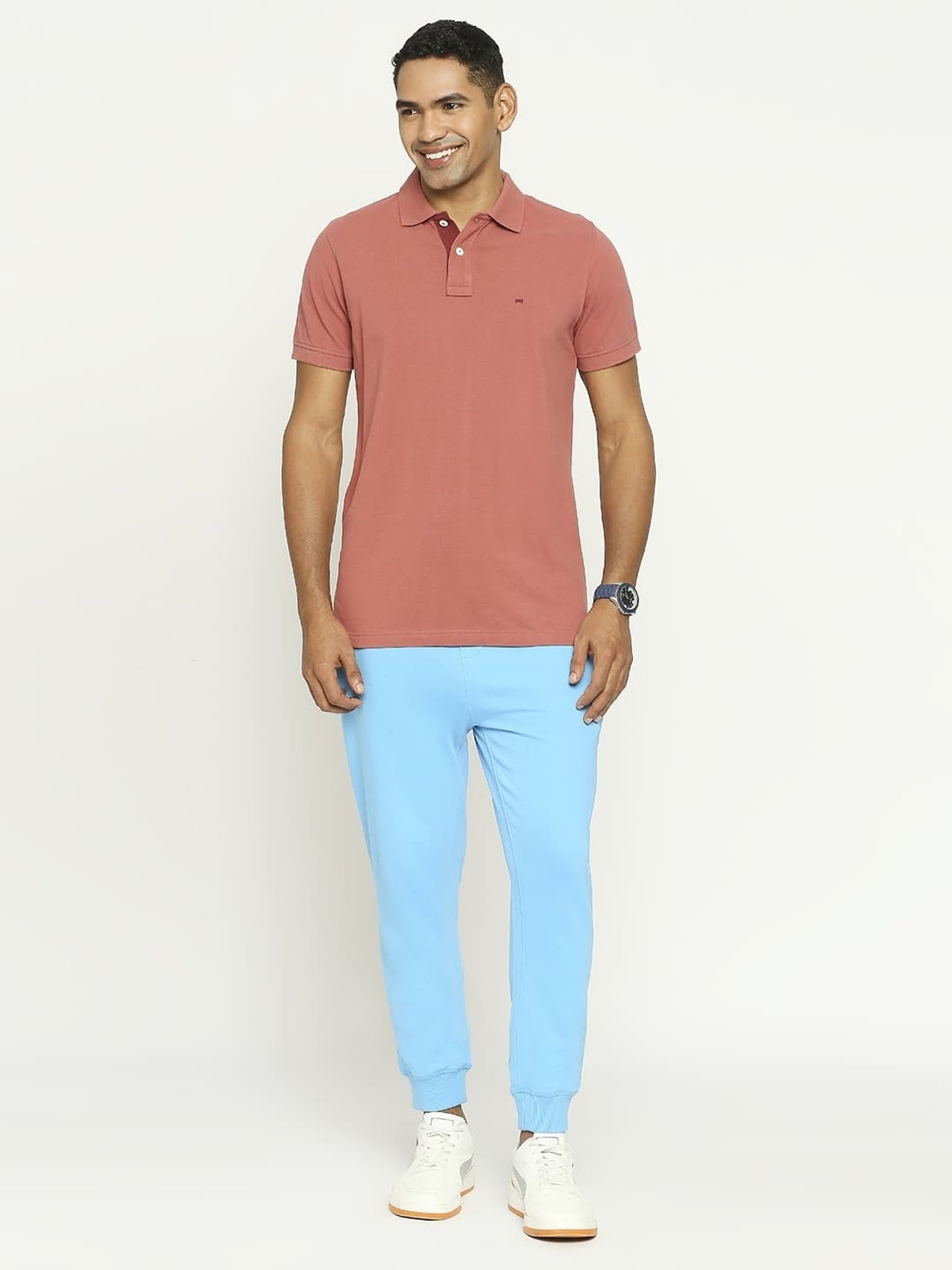 Basics Mid Blue Cotton Jogger Fit Texture Joggers