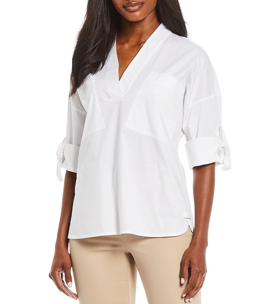 Preston & York Caroline Bow Woven V-Neck 3/4 Sleeve Blouse