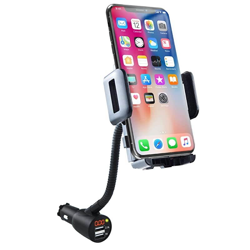 3in1 Cigarette Lighter Car Mount + Voltage Detector Not for Center Console amp Window Dual USB 31A Charger with Adjust Gooseneck amp 360&deg; Rotating Car Mount Cradle for 1737inch Width Phones