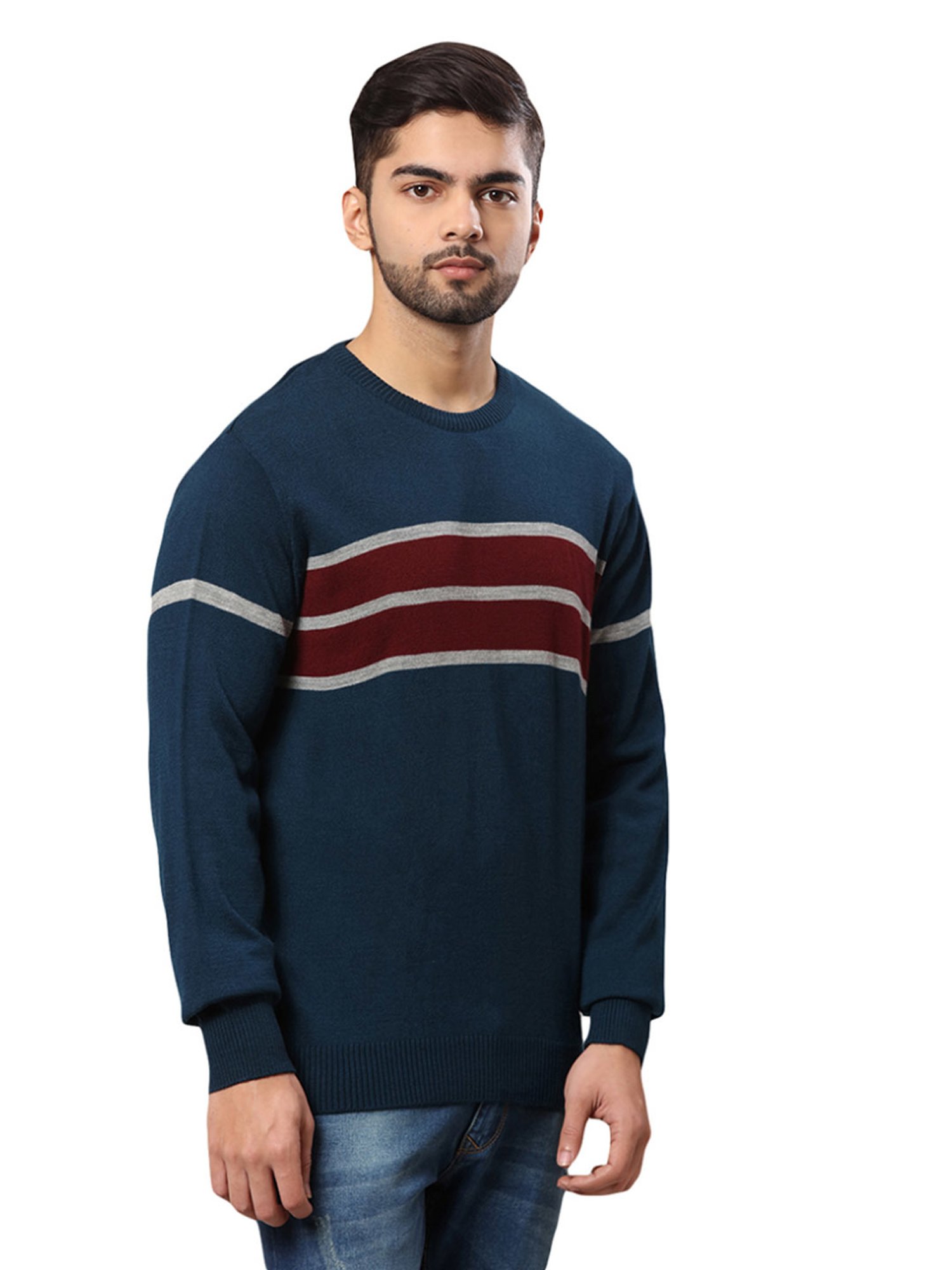 Raymond Blue & Brown Regular Fit Striped Sweater