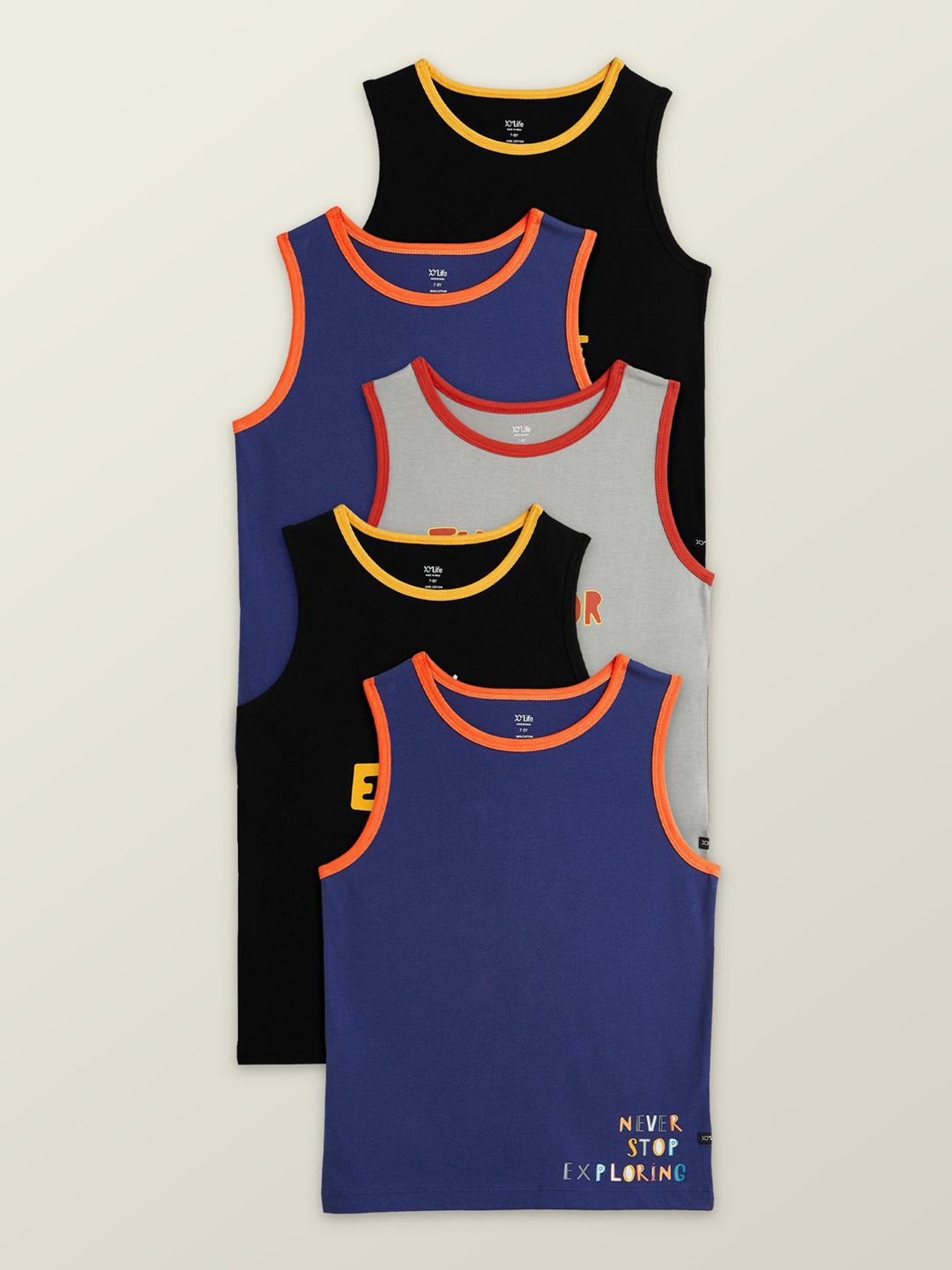 XY Life Kids Multicolor Cotton Relaxed Fit Vests (Pack of 5)