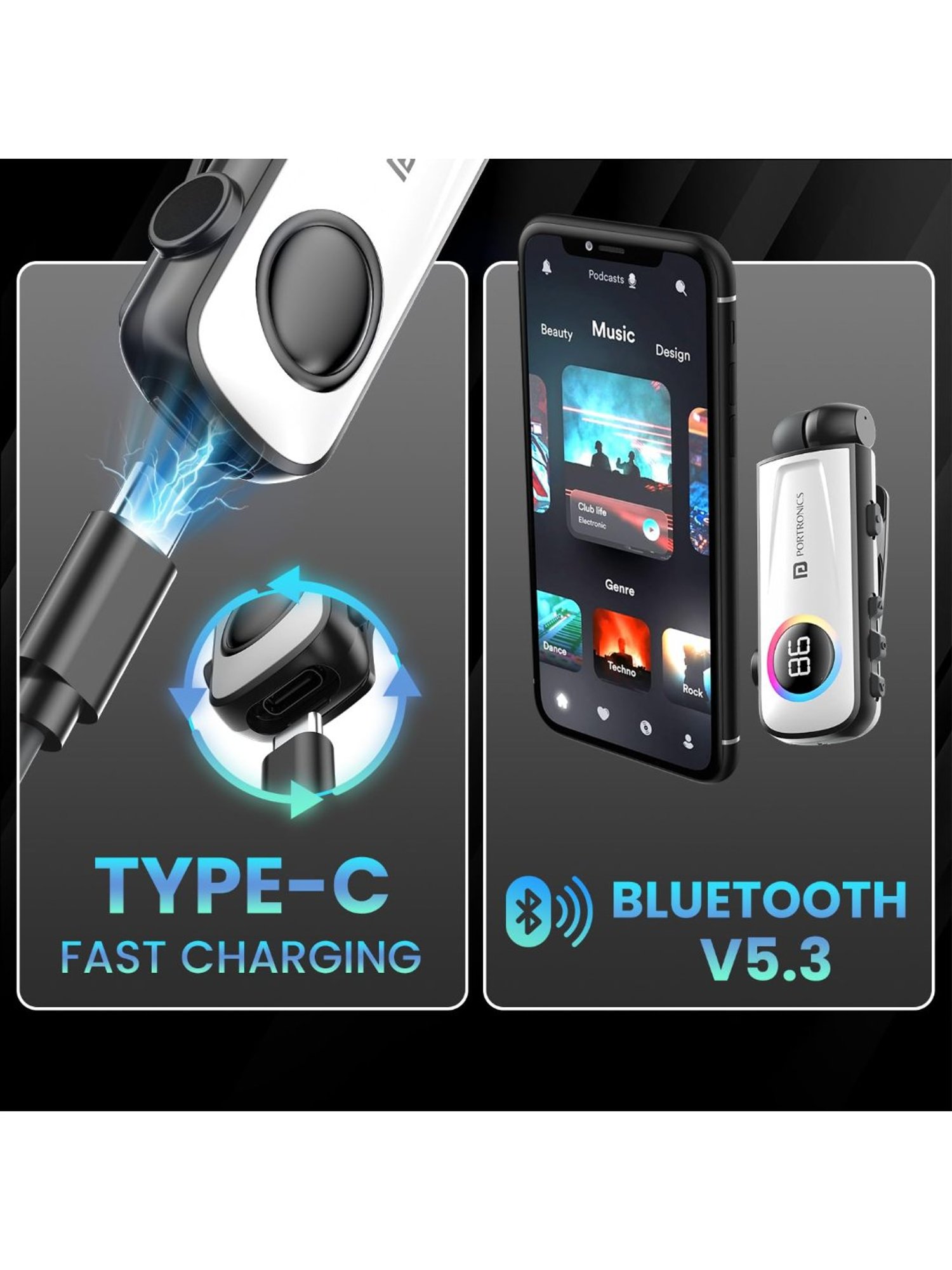 Portronics Harmonics Klip 5 Retractable BT Calling Earphone with Upto 15H Playback (White)