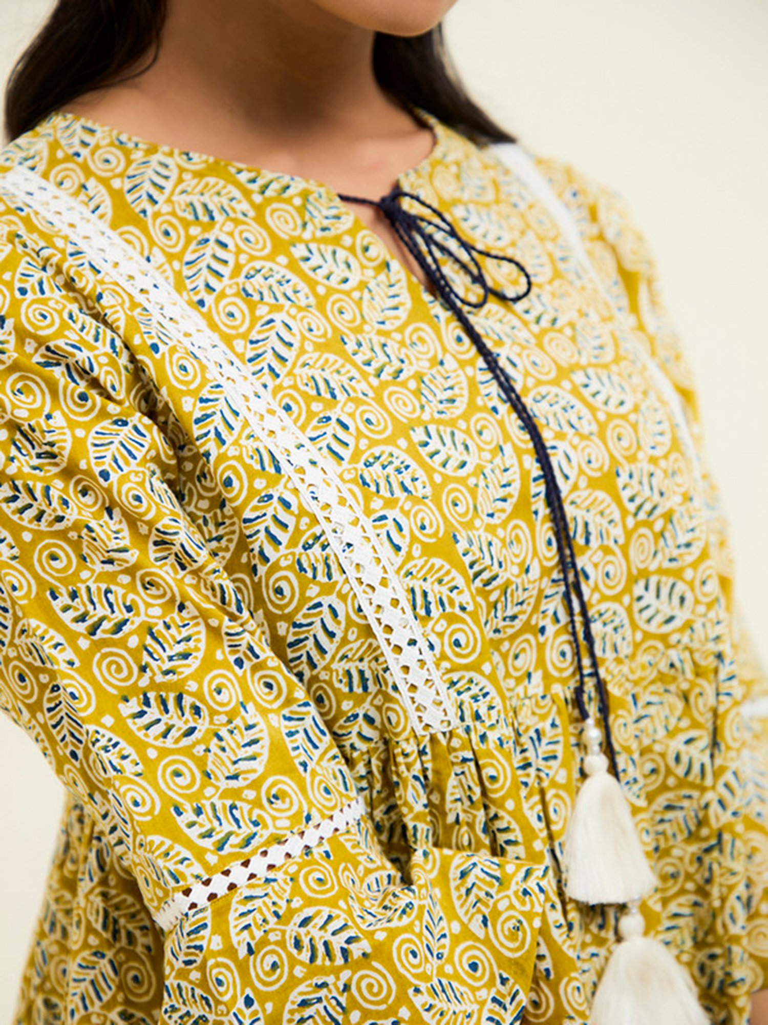 Jaipur Kurti Mustard Cotton Printed Top