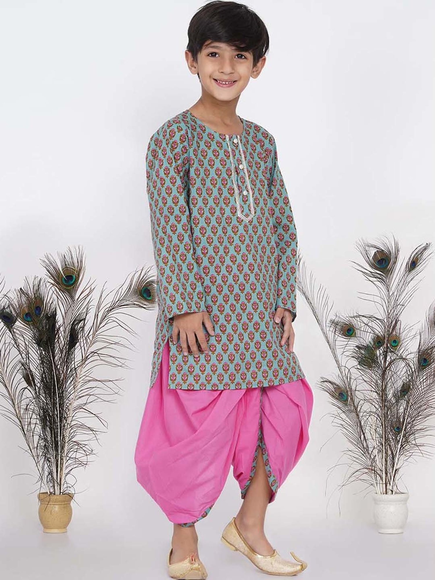 Little Bansi Kids Green & Pink Cotton Floral Print Full Sleeves Kurta Set