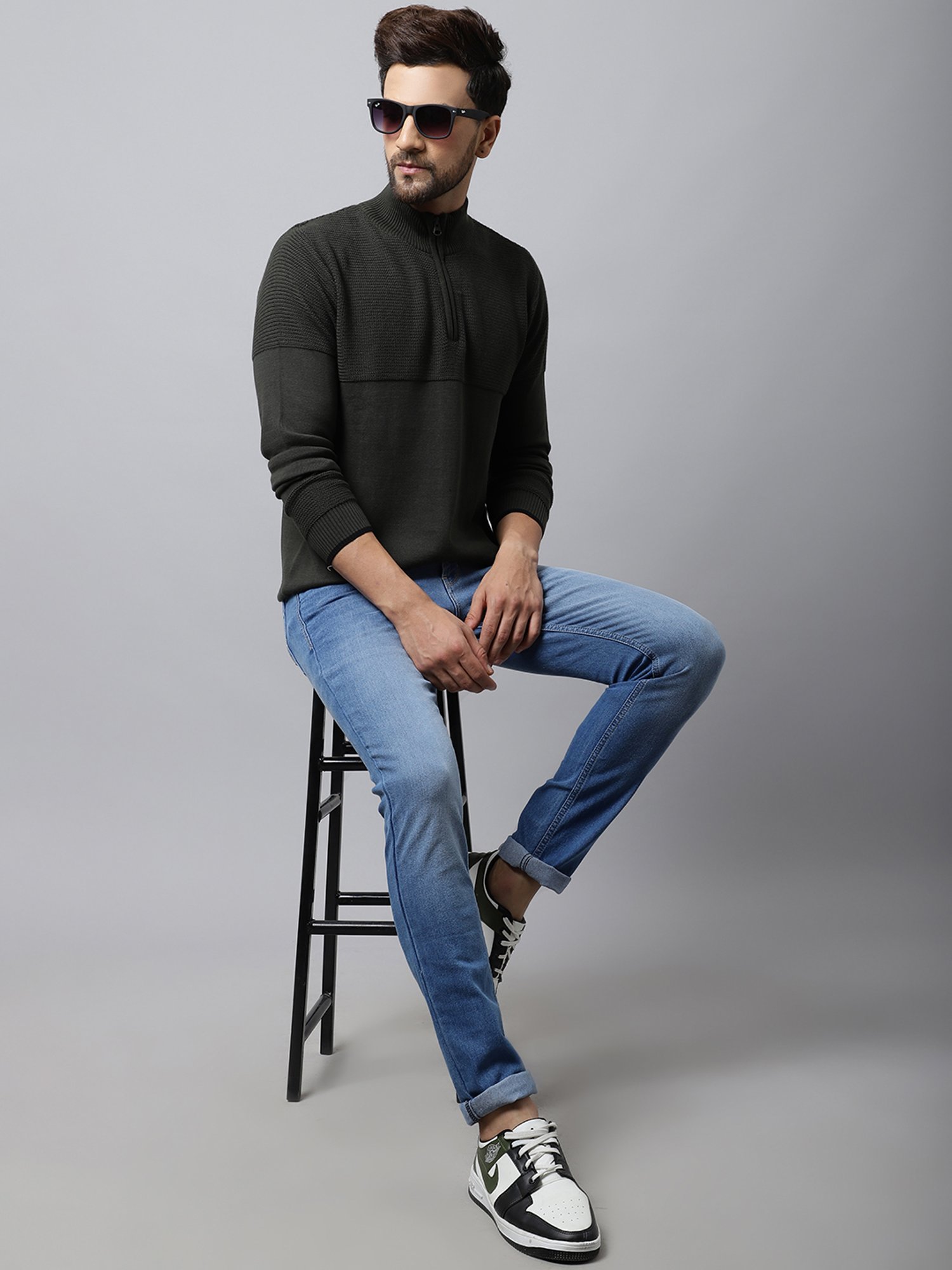 Cantabil Olive Regular Fit Self Pattern Sweater