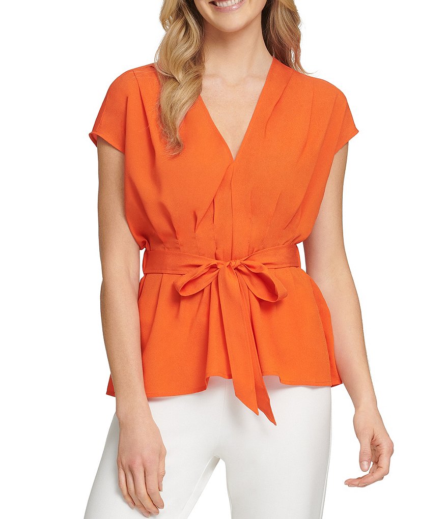 DKNY Tie Waist Woven V-Neck Cap Sleeve Blouse