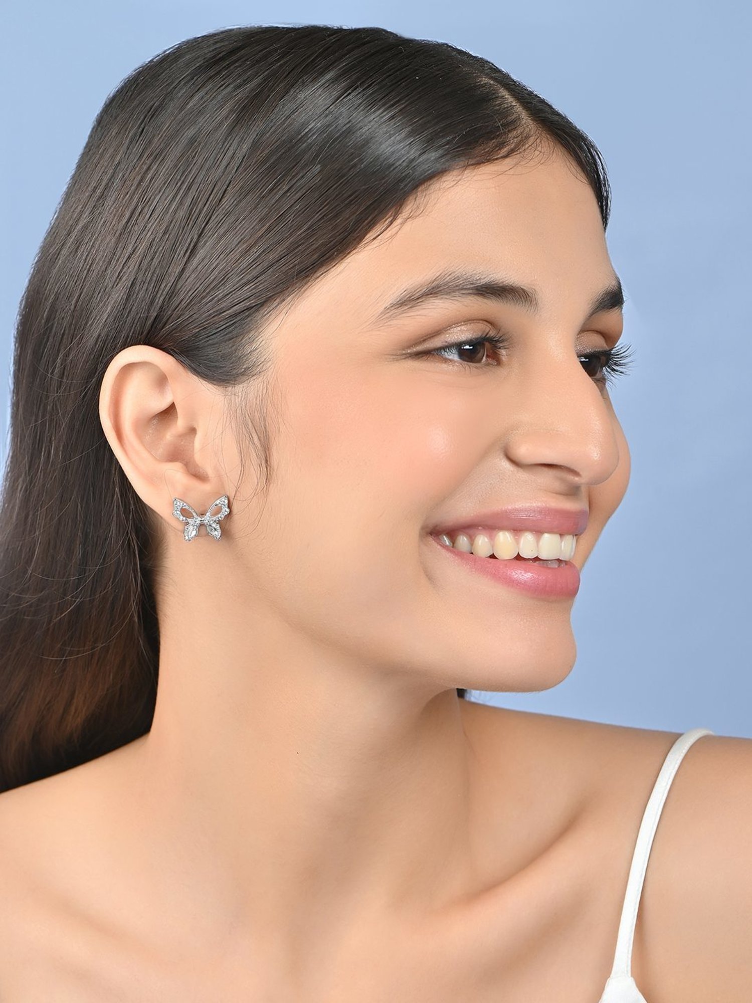 ToniQ Silver Plated CZ Bufferfly pearl Studs Earrings for Women