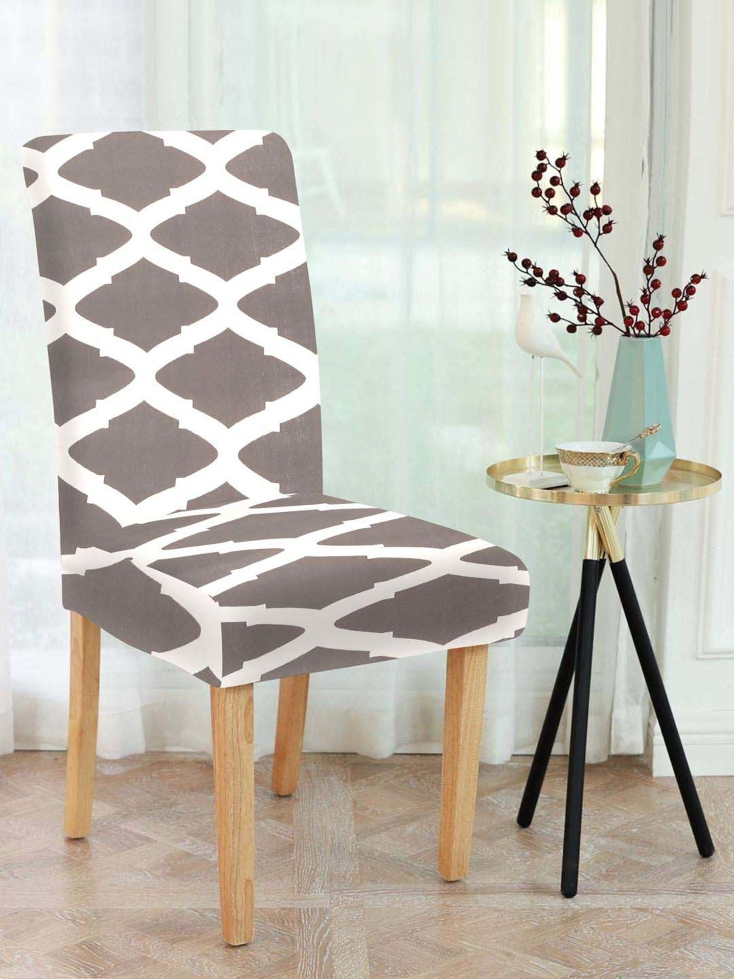 HOSTA HOMES Grey Polyester Stretchable Printed Chair Cover