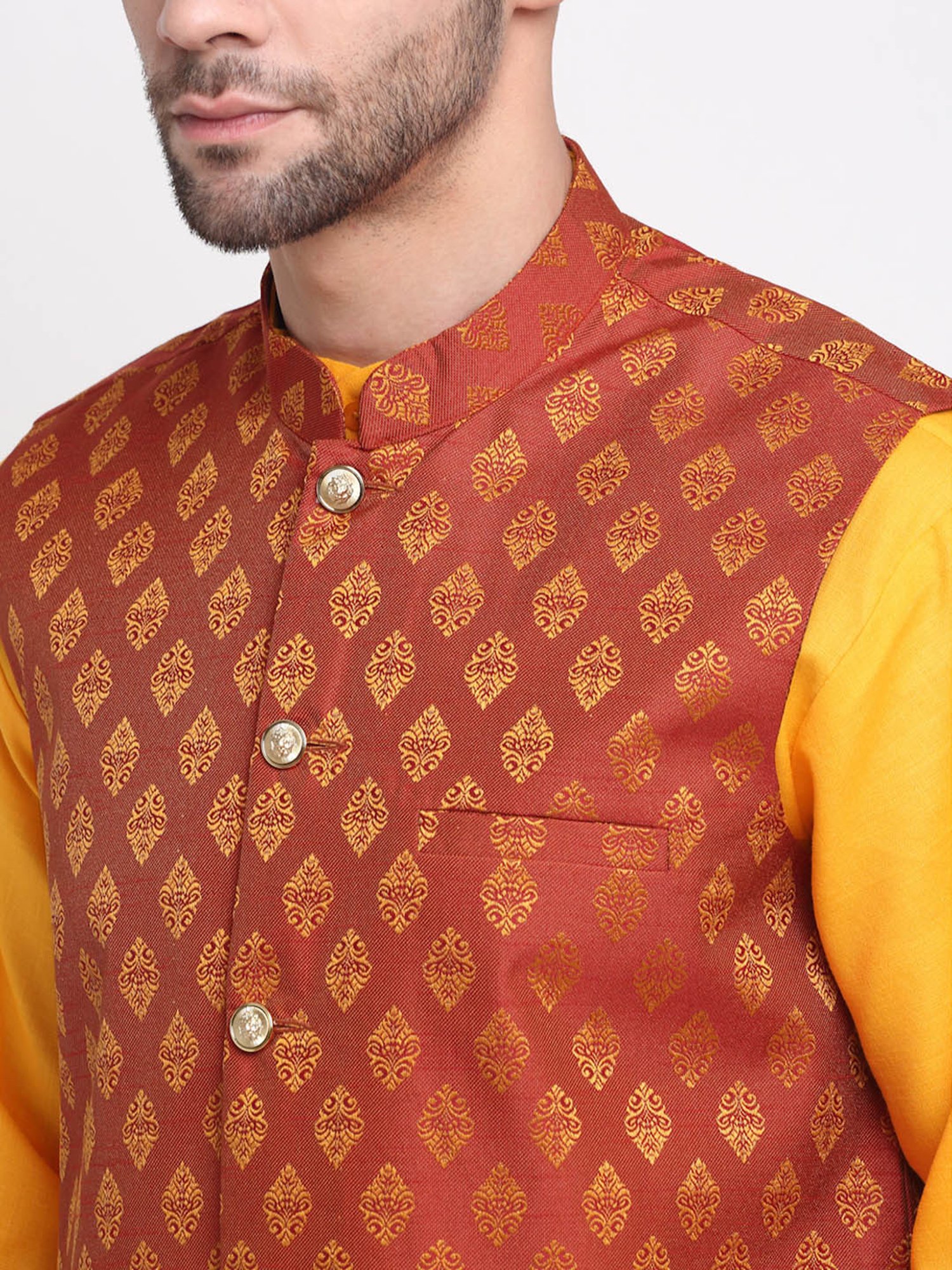 Neudis Men Rust Printed Mandarin Collar Nehru Jacket