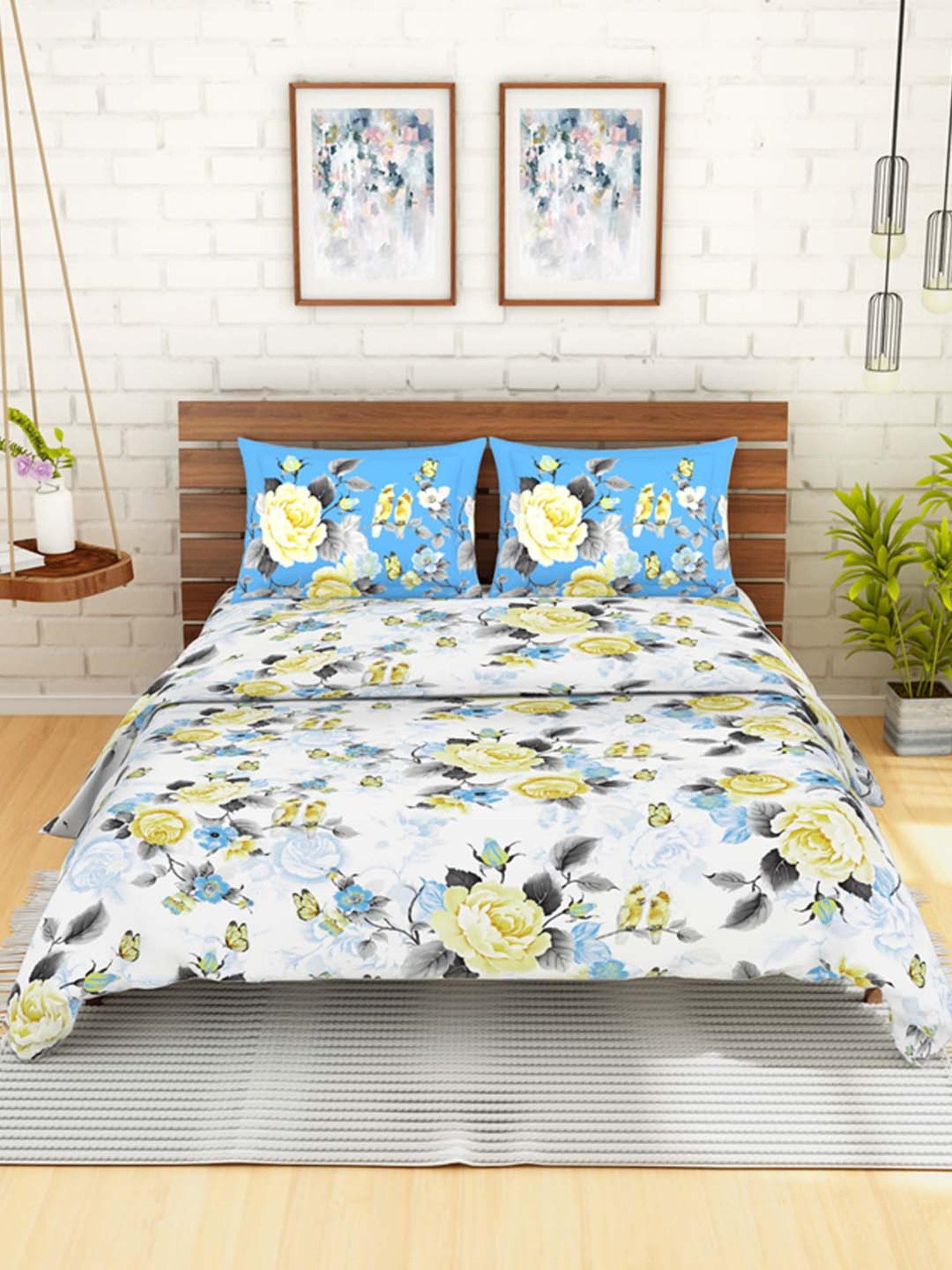 Spaces Celebrations White & Blue Cotton 144 TC Bed Linen Set