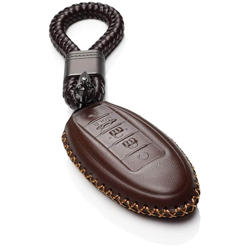 Leather Keyless Entry Remote Control Smart Key Case Cover with a Key Chain for Nissan Infiniti 5 Buttons Brown