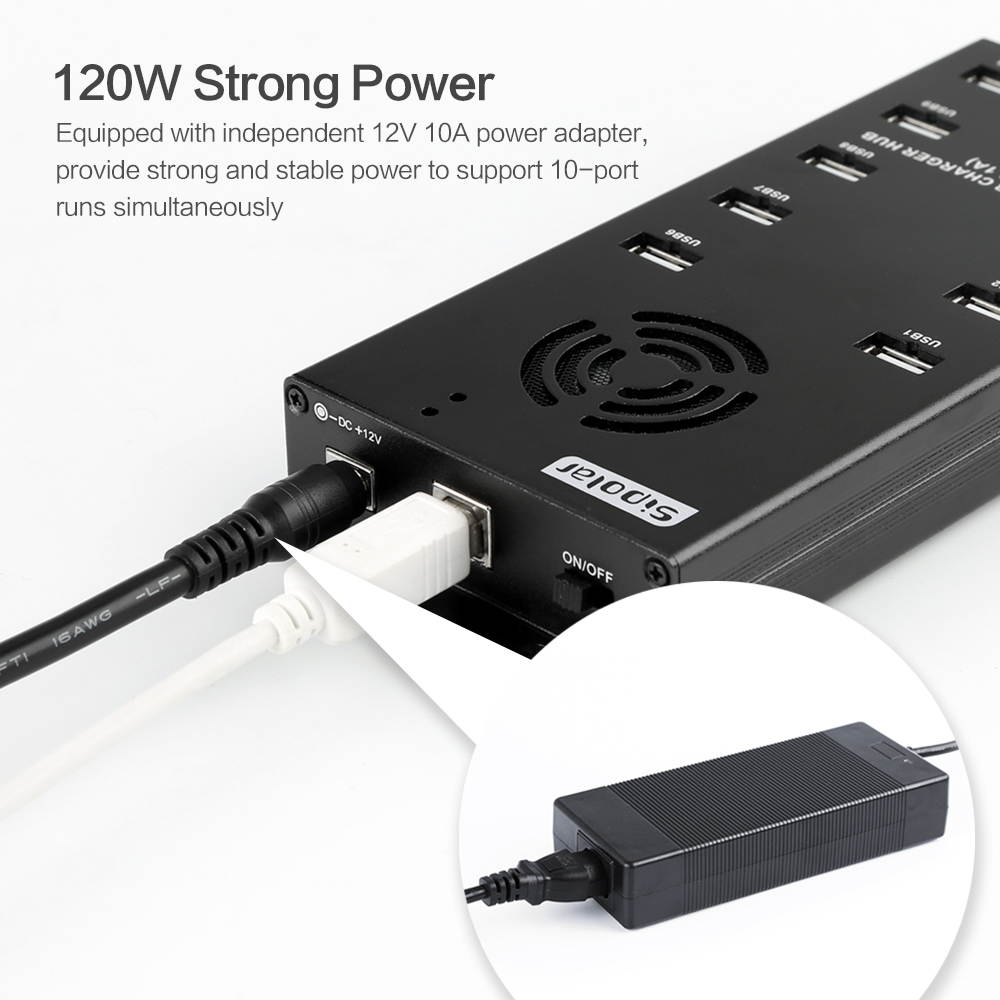Sipolar Aluminum alloy 10 ports USB 2.0 data syncs and charger 2 in 1 hub with 12V 10A power adapter for phone tablets ipad charging Litecoin miners bitcoin minings a-400