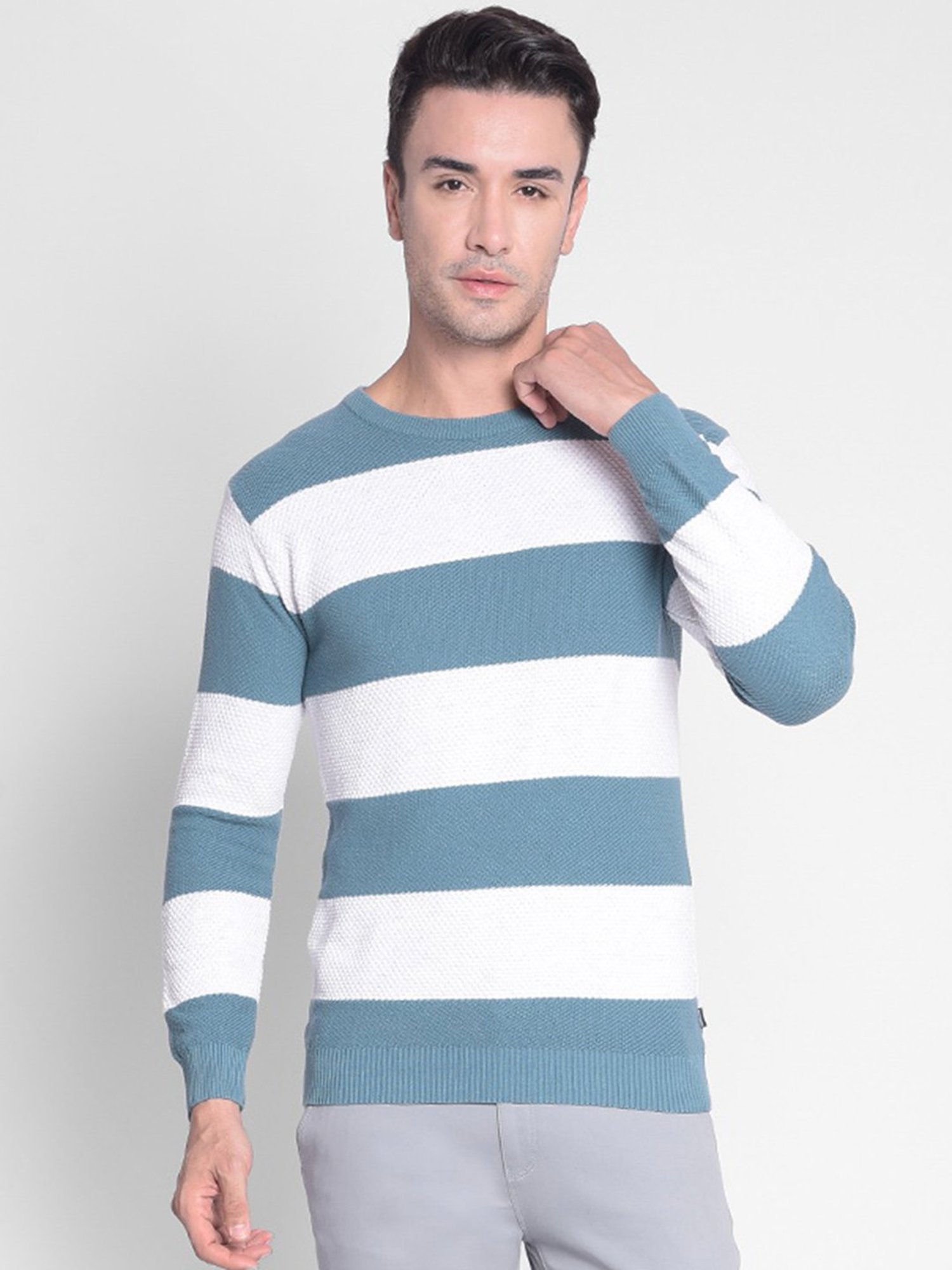 Crimsoune Club Blue & White Regular Fit Striped Cotton Sweater