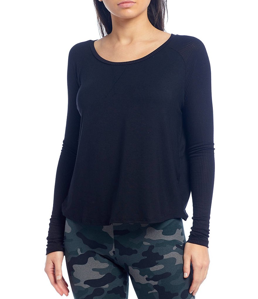 JALA Solid Rib Raglan Long Sleeve Scoop Neck Lounge Top
