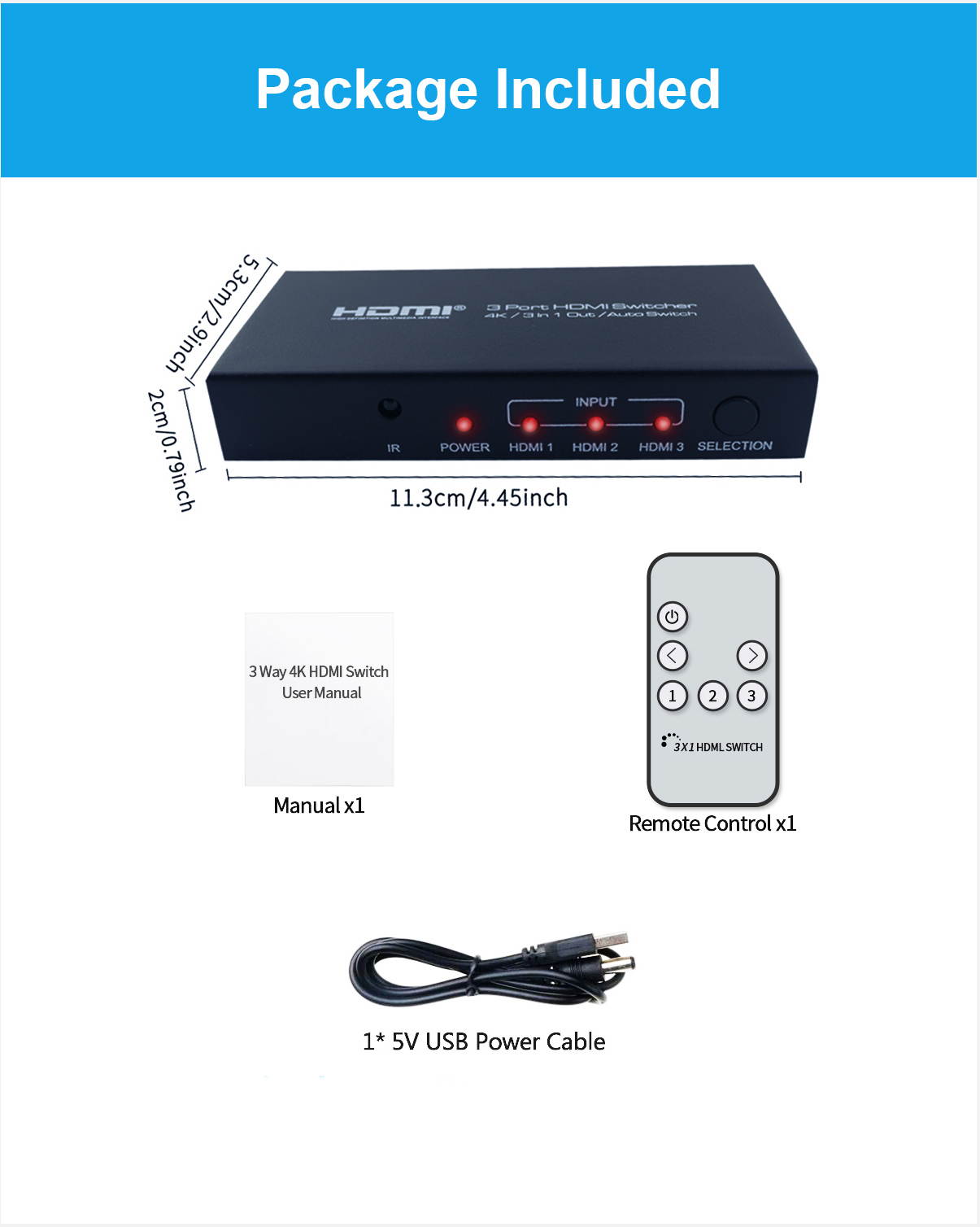3 In 1 Out HDMI Auto Switch Box Plus Remote, 4K Ultra HD at 30Hz Switcher